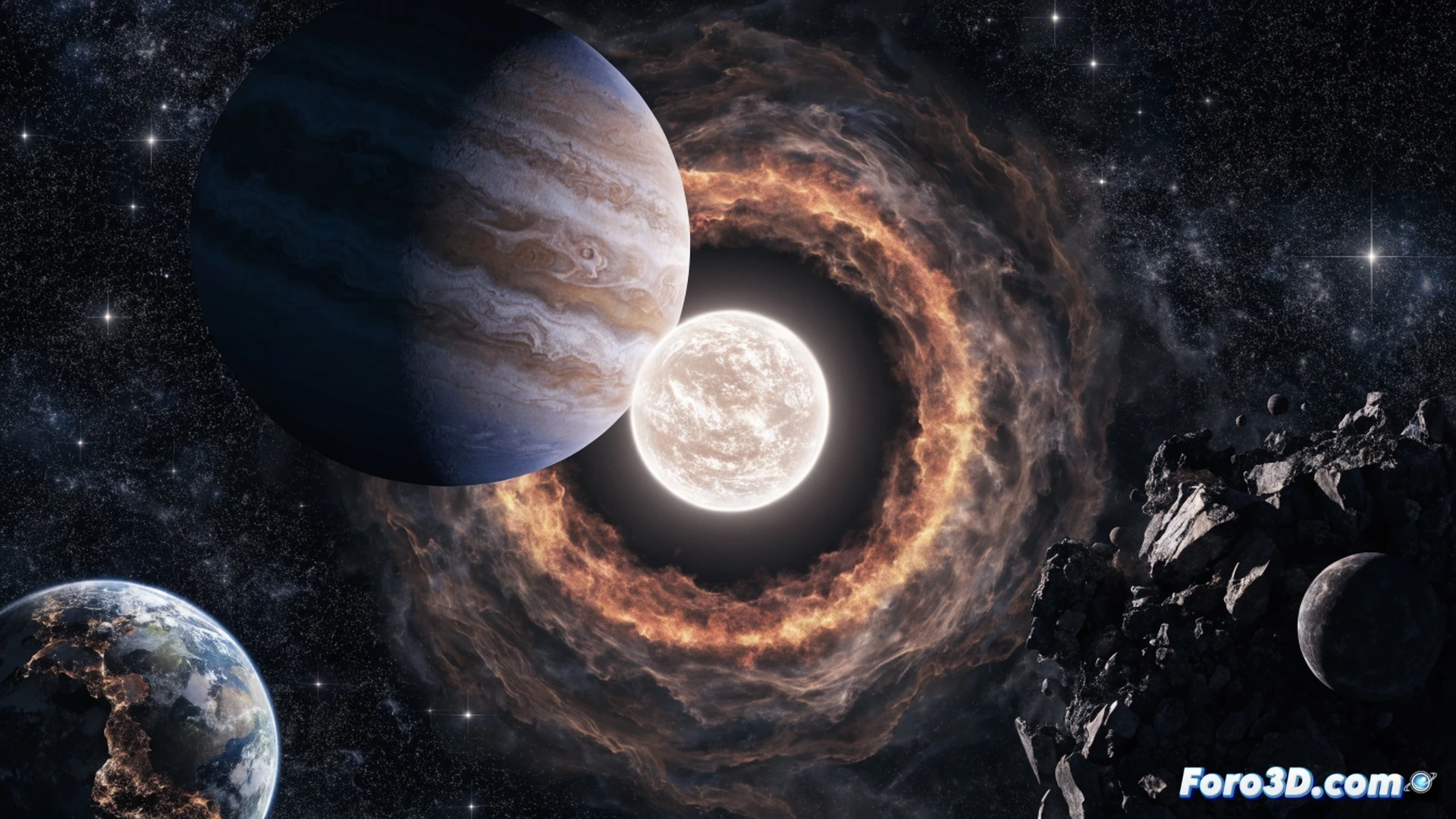 solar system destruction sequence, bloated red giant sun expanding outward, its plasma surface engulfing Mercury and Venus, Earth with cracked continents and boiling oceans, atmosphere stripping away in glowing streams, James Webb Space Telescope observing from safe distance, its golden mirror reflecting the cataclysm, exoplanet-sized Jupiter-like world being torn apart near a white dwarf, intense gravitational distortion, stellar debris rings forming around the dead star, cinematic space visualization, dramatic cosmic lighting, ultra-detailed planetary surfaces, photorealistic astrophysical render