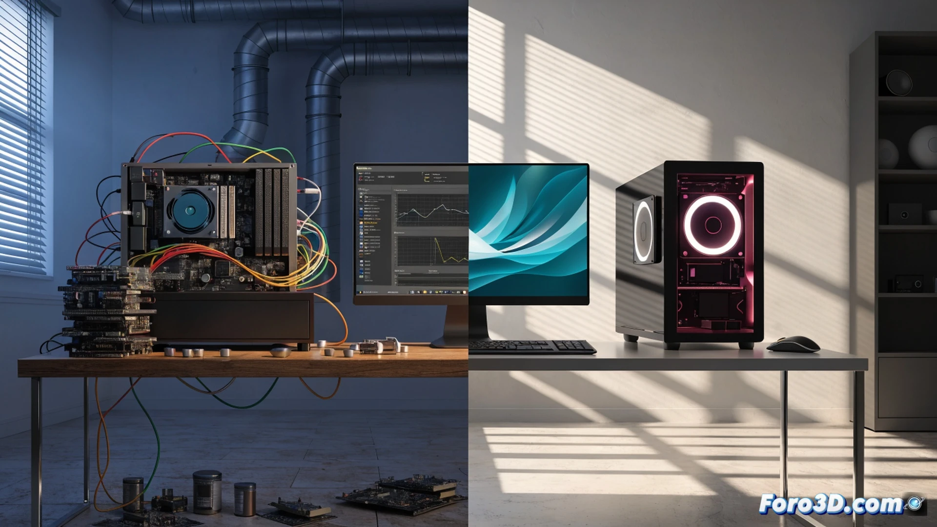 Photorealistic technical illustration showing a mid-range desktop PC motherboard being assembled, a price tag of $1,000+ floating above it, while a broken chain labeled supply chain lies on a circuit board, a calendar page for 2026 in the background with a downward red arrow, components like RAM sticks and GPU chips scattered sparsely, a magnifying glass highlighting a tariff document, dim industrial lighting, cold blue and grey tones, cinematic composition, ultra-detailed electronic components, dust motes suspended in air, engineering visualization style