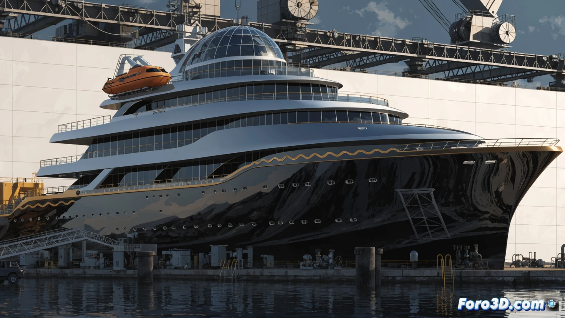 Gigantic superyacht hull suspended in dry dock at German shipyard, workers in protective suits applying final coat of marine paint, scaffoldings surrounding the immense white vessel, industrial lights reflecting on wet surface, paint spray mist in air, ultra-wide angle showing scale compared to human figures, photorealistic engineering visualization, dramatic dawn lighting, metallic crane structures in background, hyper-detailed shipyard machinery, realistic industrial atmosphere