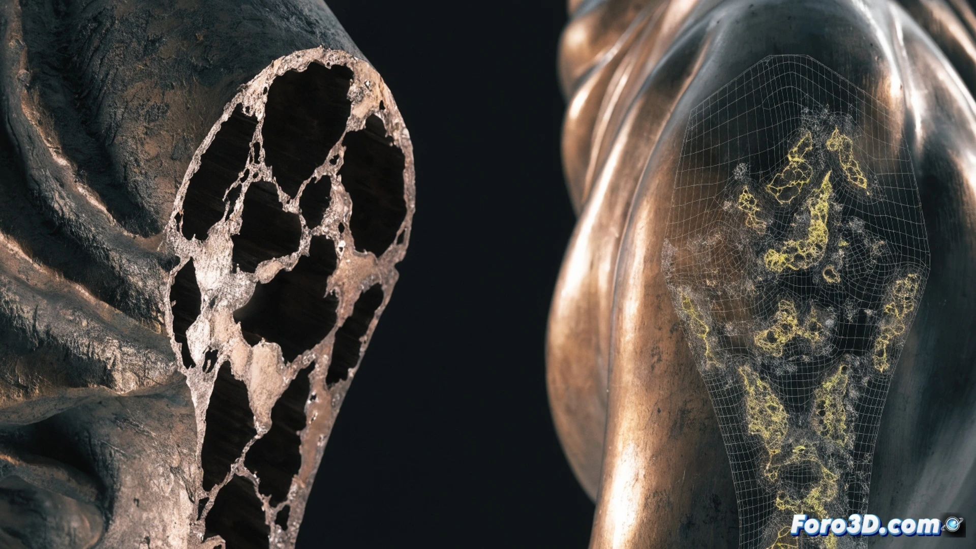 Industrial CT scanner analyzing a bronze sculpture cross-section, internal porosities revealed as dark voids while metallic filler material glows in false color, VGSTUDIO MAX 3D pipeline interface showing segmented defect map on a monitor, Geomagic Control X overlay comparing scanned mesh to CAD model, workshop background with bronze casting tools and unfinished statues, dramatic blue and amber lighting highlighting the contrast between solid metal and hidden masilla, photorealistic technical visualization, ultra-detailed surface textures with micro-porosity, cinematic depth of field focused on the scanning process