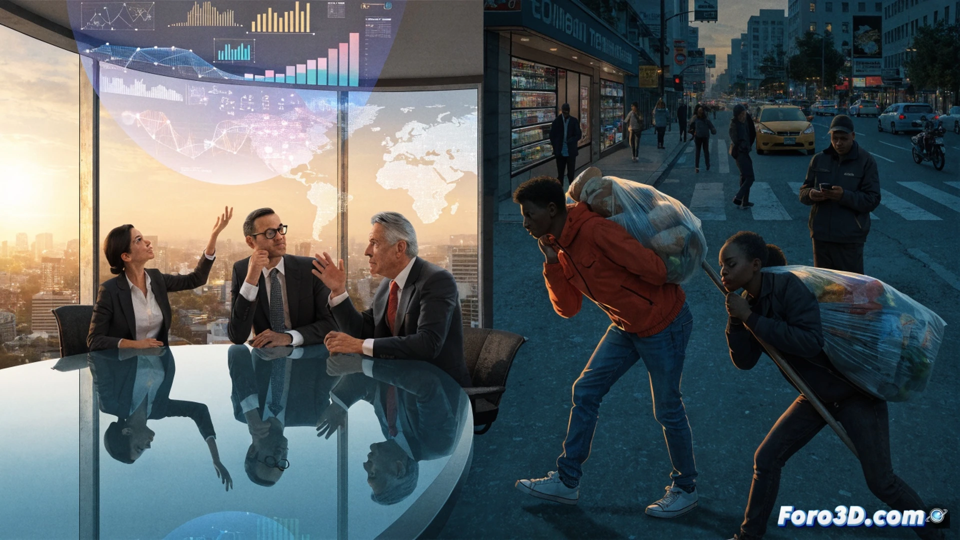 supermarket checkout conveyor belt, bread and milk items rapidly inflating like balloons while a single crumpled euro bill remains stuck motionless, a politician in a suit smiles at a large glowing GDP graph on a tablet while a worker struggles to fit shrinking groceries into an empty wallet, dramatic contrast between abstract data and physical reality, cinematic photorealistic style, harsh fluorescent store lighting, deep shadows, hyper-detailed textures on plastic packaging and worn banknotes, slow-motion action of items expanding, worker s hand tightening belt with visible strain, engineering visualization of economic pressure