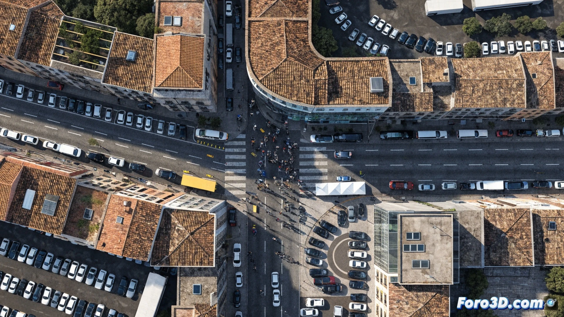 Aerial view of Tarragona city center during the Tour de France chaos, traffic jam blocking Avenida del Francolí and Rambla Nova, cars stopped at intersections, frustrated drivers honking, empty parking zones with closed municipal barriers, glowing GPS route-planning app interface floating above a smartphone held by a cyclist, buses moving along alternative free routes, digital traffic restriction signs on street poles, cinematic photorealistic engineering visualization, dramatic golden hour lighting, dense urban infrastructure, detailed asphalt textures, long shadows from buildings, hyperrealistic cityscape render