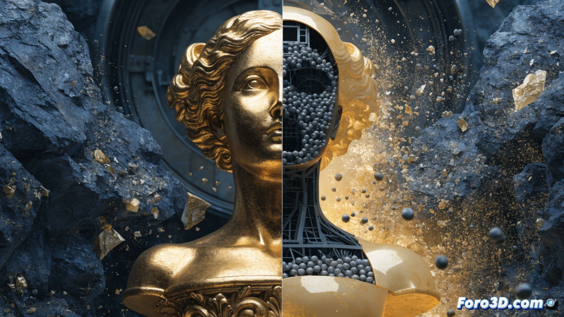 Cross-section of a gold statue being fraudulently assembled, showing a precision-machined tungsten core being inserted into a hollow gold casting, calipers and density measurement tools on a workbench nearby, CNC machining marks visible on the tungsten surface, comparison weight scales in the background, photorealistic technical illustration, dramatic workshop lighting, metallic reflections on gold and tungsten surfaces, ultra-detailed material textures, engineering visualization style