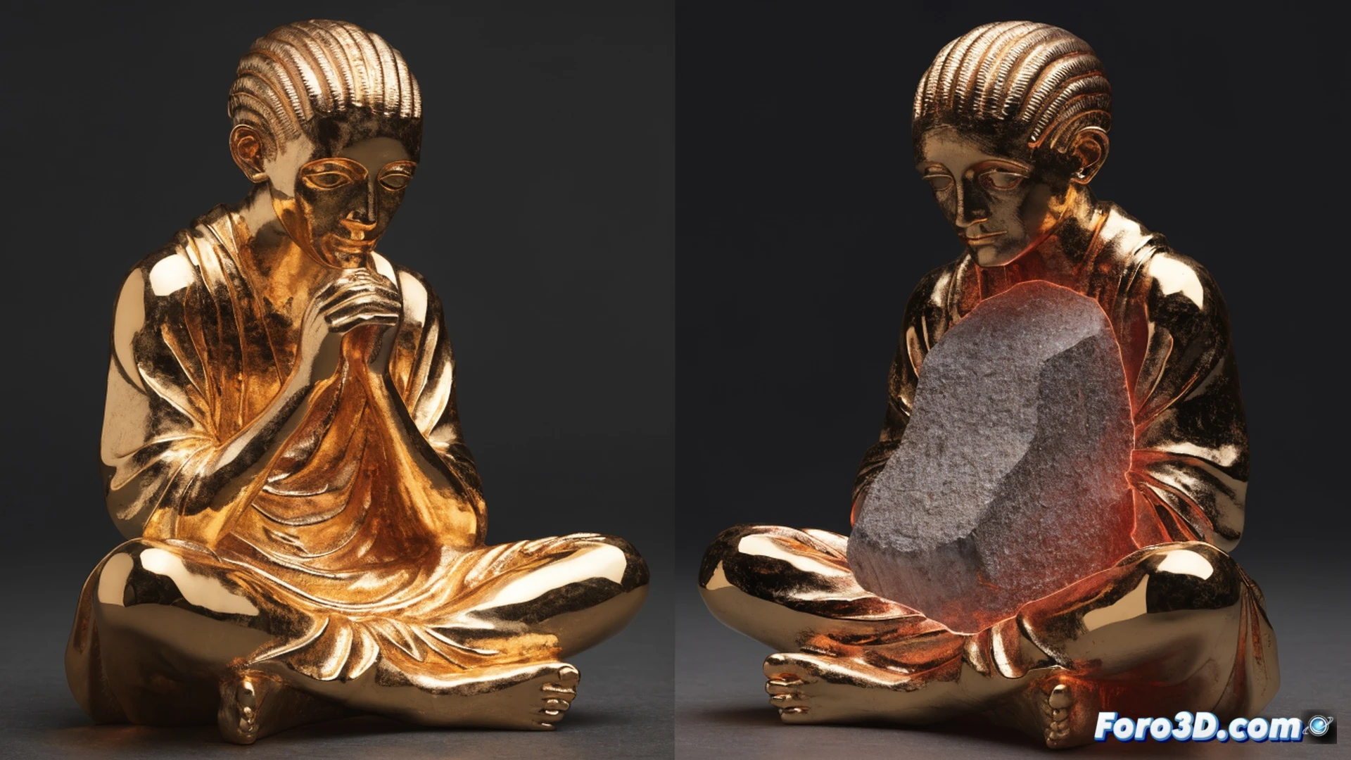 industrial CT scanner actively scanning a solid gold statue of a seated pharaoh, internal tungsten core revealed as a glowing orange lattice on the 3D metrology software monitor, robotic arm positioning the statue under the scanning gantry, cross-sectional slice lines visible on the holographic display, engineering visualization style, metallic gold surface with subtle reflections, tungsten grey interior contrasting with bright gold, dramatic blue and amber lighting, ultra-detailed mechanical components, photorealistic technical render