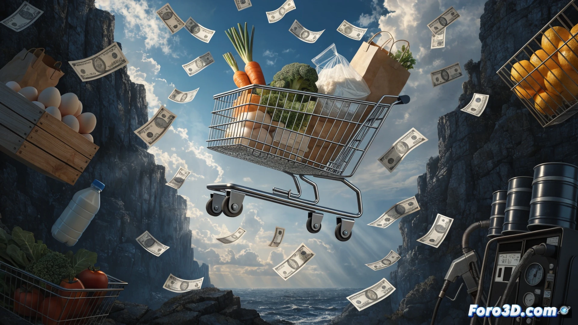 Japanese yen coins falling rapidly through air while a shopping basket rises upward, food items and fuel canisters floating out of the basket, supermarket shelf in background with price tags flipping, cinematic technical illustration, photorealistic economic visualization, coins scattering with motion trails, basket handle stretching under upward force, dramatic lighting with warm store lights contrasting cold metallic yen, shallow depth of field showing blurred checkout counter, hyper-detailed coin engravings and basket weave texture, financial crisis atmosphere