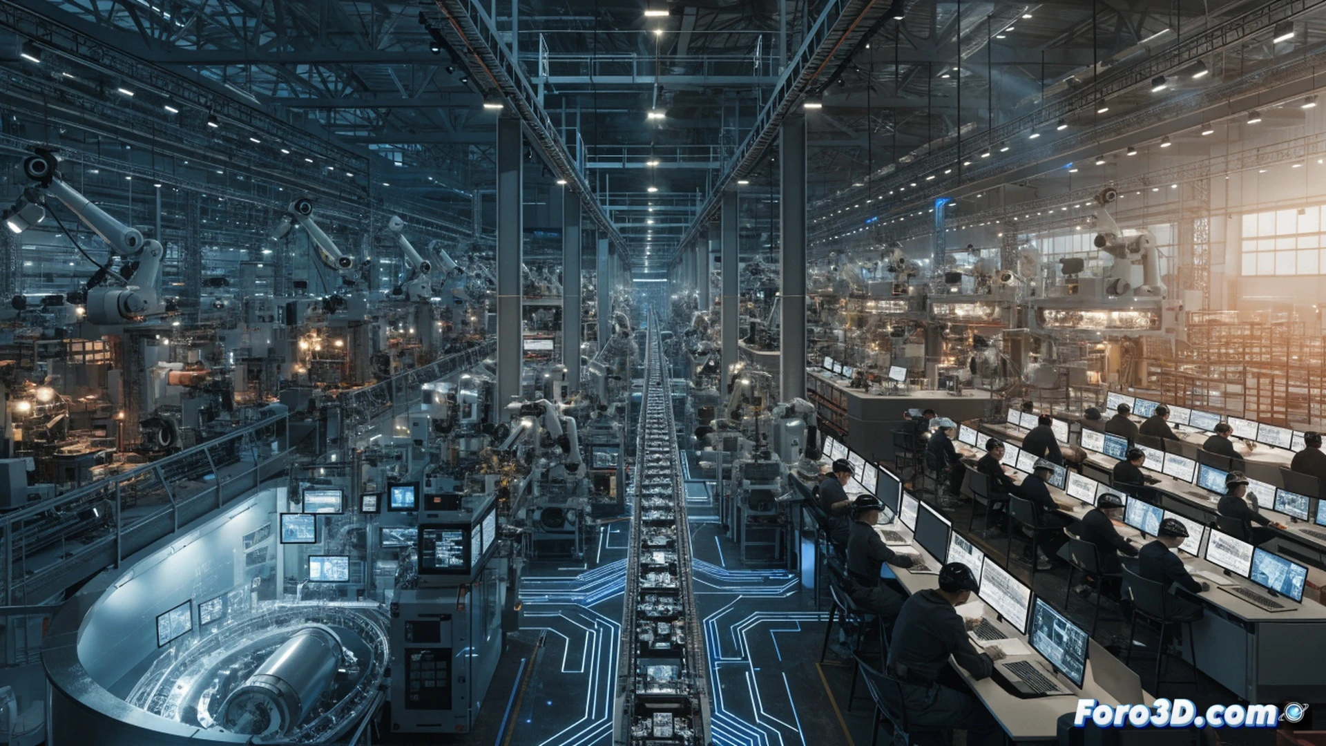 Industrial facility construction site in Viator, Almeria, showing workers installing advanced defense electronic components on assembly lines, robotic arms soldering circuit boards while engineers in white coats inspect radar modules, holographic data overlays displaying production metrics, solar panels on roof, young apprentices in dual training uniforms observing senior technicians, cinematic photorealistic engineering visualization, bright natural light through factory windows, metallic surfaces reflecting sun, blue and orange safety gear, ultra-detailed mechanical equipment, dramatic industrial atmosphere