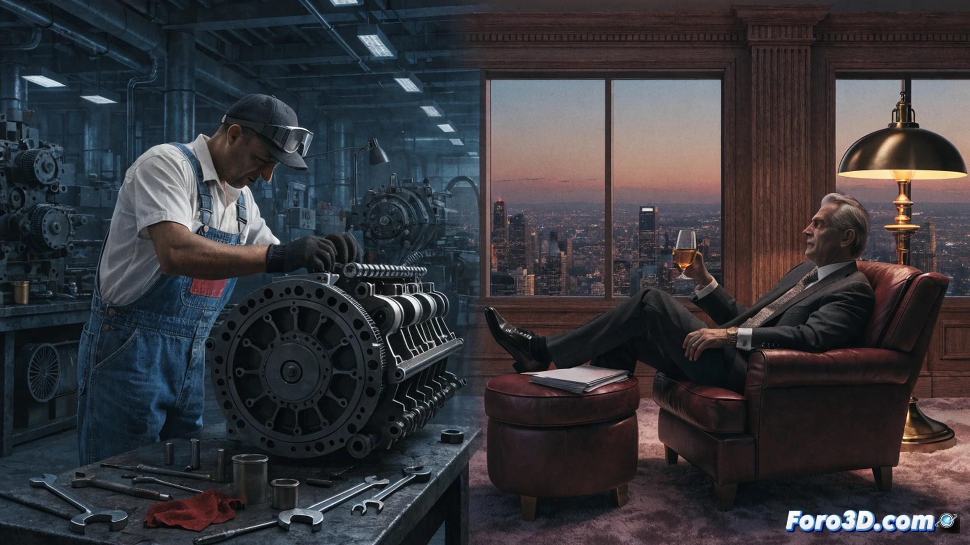 Industrial assembly line split in two halves: left side shows a robotic arm placing a car engine onto a chassis while a worker in protective gear holds a tablet monitoring efficiency metrics, right side depicts a consumer’s hand reaching for a discount price tag on a showroom car window, a transparent digital overlay of a broken scale balancing a wage slip against a falling coin, cinematic photorealistic engineering visualization, dramatic high-contrast lighting, metallic reflections on machinery and glass, subtle shadow of a corporate figure looming over both scenes, ultra-detailed mechanical components and human gestures, technical illustration style
