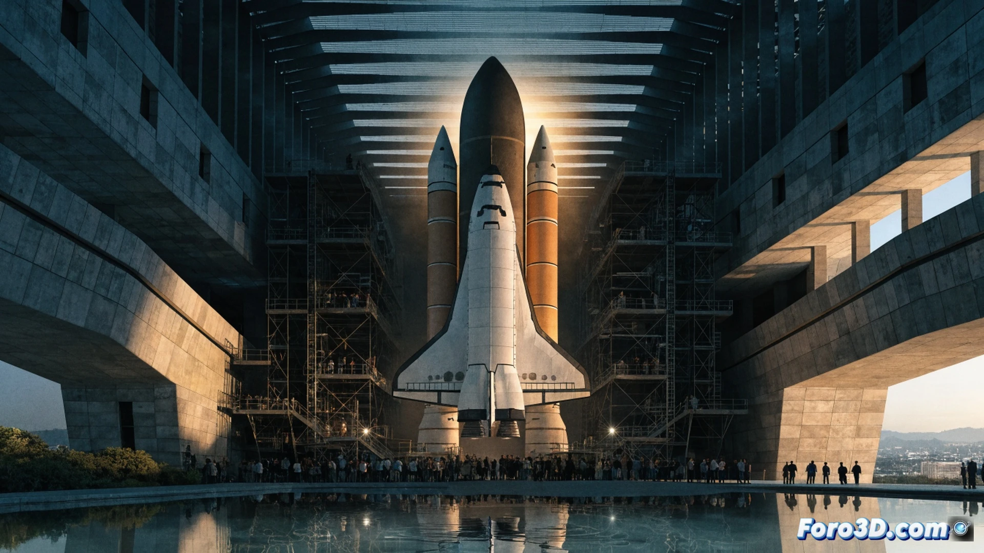 transbordador espacial Endeavour en posición vertical de lanzamiento dentro del museo Samuel Oshin, plataforma de lanzamiento iluminada con focos industriales, estructura metálica del edificio rodeando el shuttle, tanque externo naranja y cohetes sólidos blancos, técnicos en pasarelas realizando inspecciones finales, cables umbilicales conectados al orbitador, paneles de control con luces LED en la base, humo criogénico saliendo de los motores, estilo cinematic photorealistic, iluminación dramática con sombras marcadas, texturas detalladas de la superficie del shuttle, fondo de cielo nocturno estrellado simulado, composición grandiosa mostrando la escala vertical completa del vehículo
