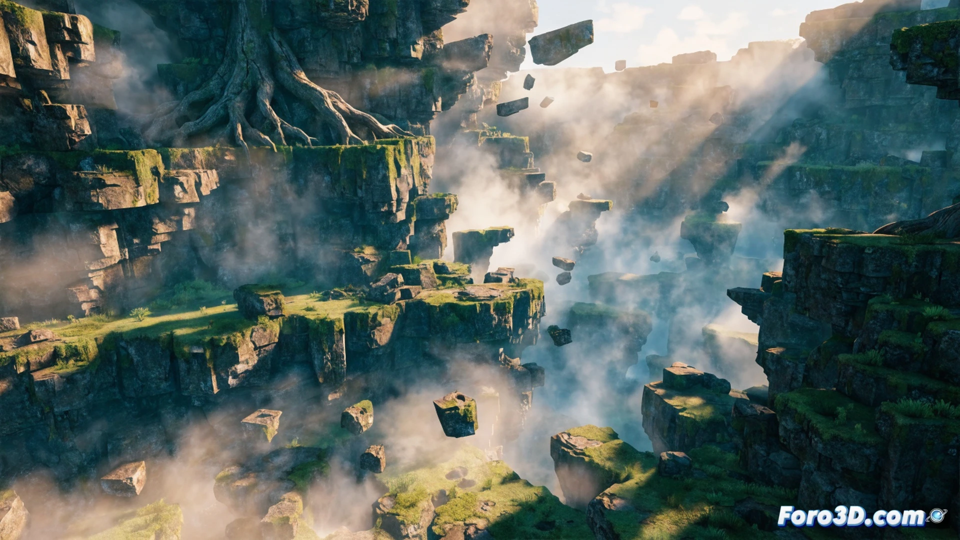 large-scale voxel terrain being carved by a glowing pickaxe, block-by-block destruction revealing layered soil and rock textures, dense Shroud mist rolling in from the edges, distorting sunlight into volumetric rays, Holistic Engine wireframe overlay showing editable micro-voxel grid, photorealistic cinematic visualization, dramatic contrast between bright excavated area and dark fog, dynamic lighting with god rays piercing through mist, ultra-detailed stone and grass blocks mid-fall, realistic particle dust rising from impact, technical engineering illustration style