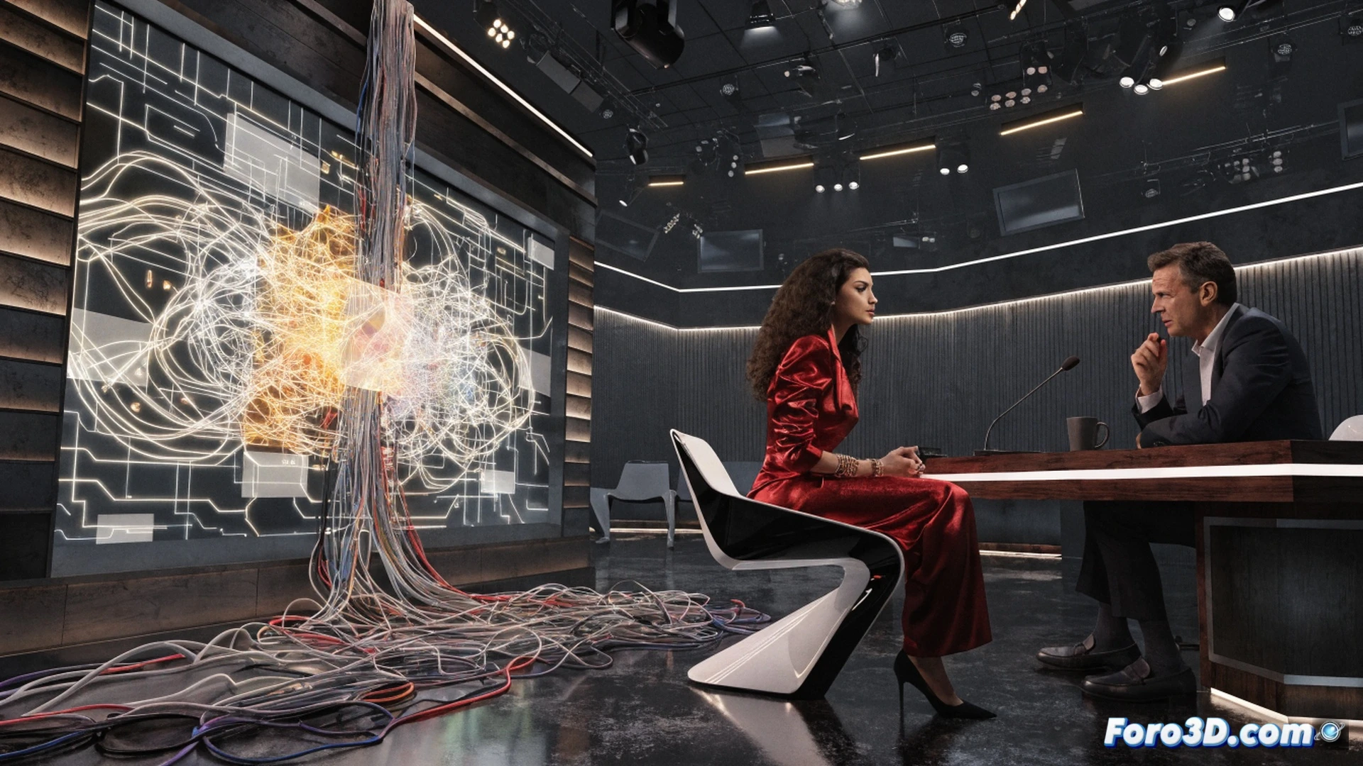 abandoned television studio set, empty interview chairs facing each other under hot stage lights, a large monitor displaying a frozen spinning loading icon and a cookie consent popup, a sound engineer frantically tapping a mixing console with error messages on its screen, cables tangled on the floor, a crumpled script titled Grasia Interview with no text visible, cinematic photorealistic style, dramatic shadows, dust particles floating in the spotlight beams, technical failure atmosphere, high contrast lighting, ultra-detailed studio equipment
