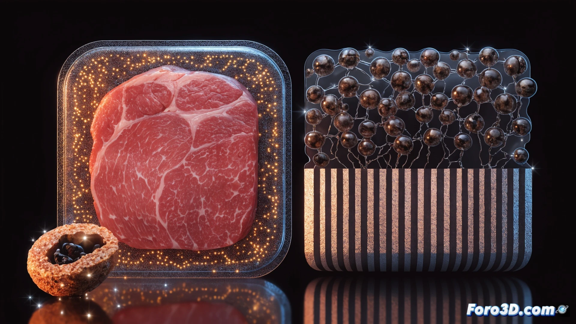 Close-up macro shot of a raw beef steak and salmon fillet inside a transparent active packaging container, microscopic glowing particles of grapefruit seed extract being released from the packaging film surface onto the meat fibers, condensation droplets forming on the inner lid demonstrating prolonged freshness, digital data overlay showing oxidation reduction timeline on a lab monitor in the background, scientific laboratory setting with petri dishes and pipettes nearby, photorealistic technical illustration, cinematic volumetric lighting, ultra-detailed food texture and packaging polymer structure, dynamic action of antioxidant compounds migrating through the food matrix