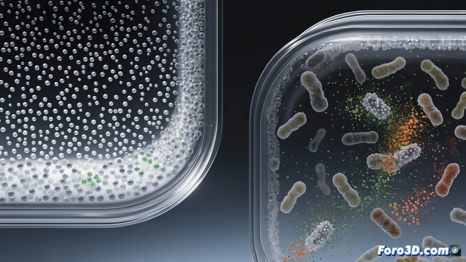 close-up of a biodegradable plastic film with embedded cellulose nanocrystals, moisture droplets from fresh-cut fruit activating antimicrobial release, microscopic bacterial cells rupturing upon contact with plant-based compounds, photorealistic technical illustration, translucent film surface with visible nanostructures, dynamic reaction zones glowing faintly green, condensation beading on the packaging, hyper-detailed material texture, cinematic macro lighting, scientific visualization style, clean white laboratory background