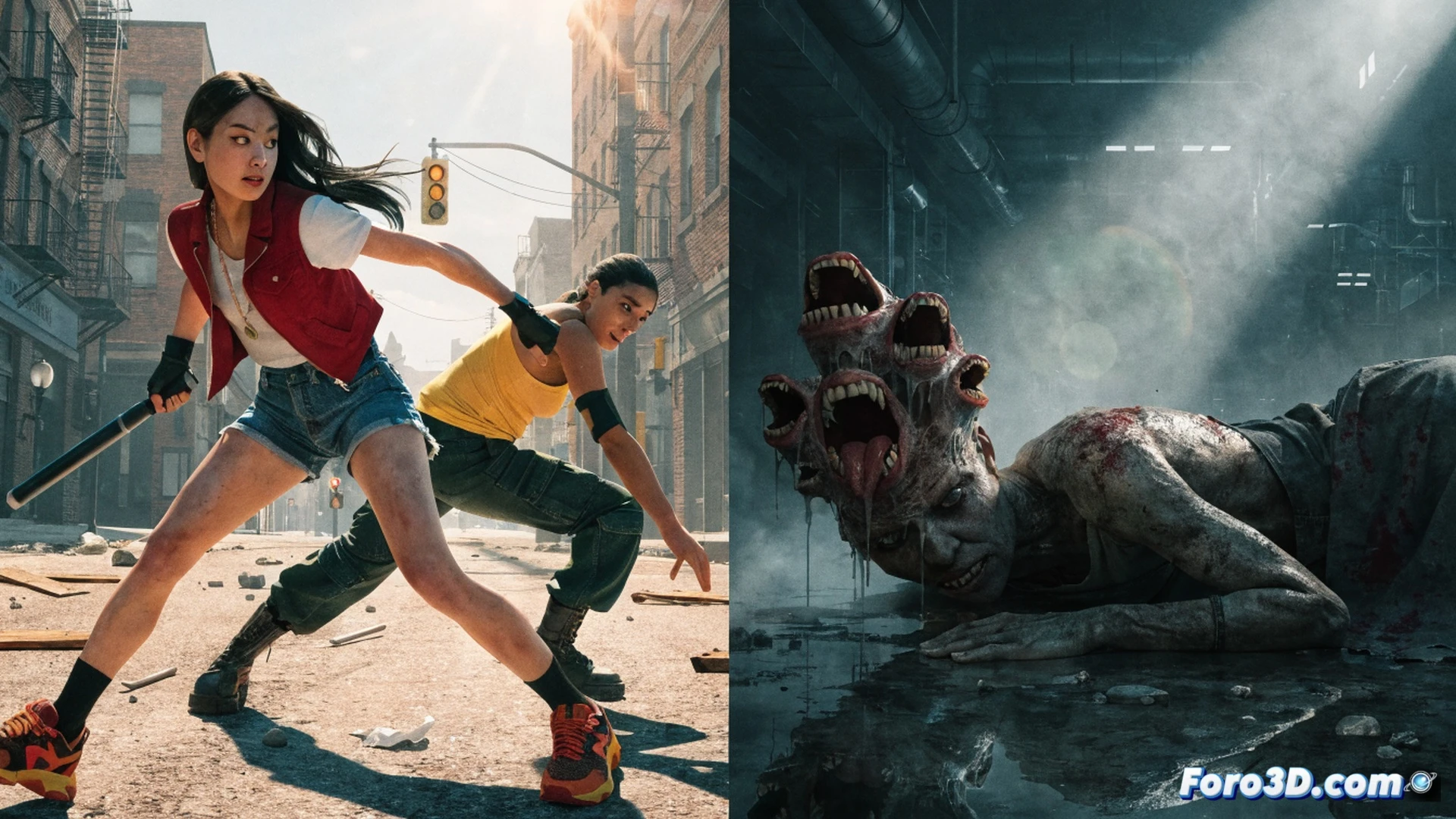 two game covers floating above a digital storefront interface, left side showing River City Girls 2 with colorful pixelated punches connecting between cartoon characters, right side displaying I Have No Mouth and I Must Scream with dark mechanical gears and a distressed human silhouette, both titles being dragged into a glowing digital library icon by a translucent cursor arrow, cinematic technical illustration style, neon blue and magenta lighting contrasting with deep shadows, realistic software interface elements like download buttons and progress bars, photorealistic render with subtle motion blur on the dragging action