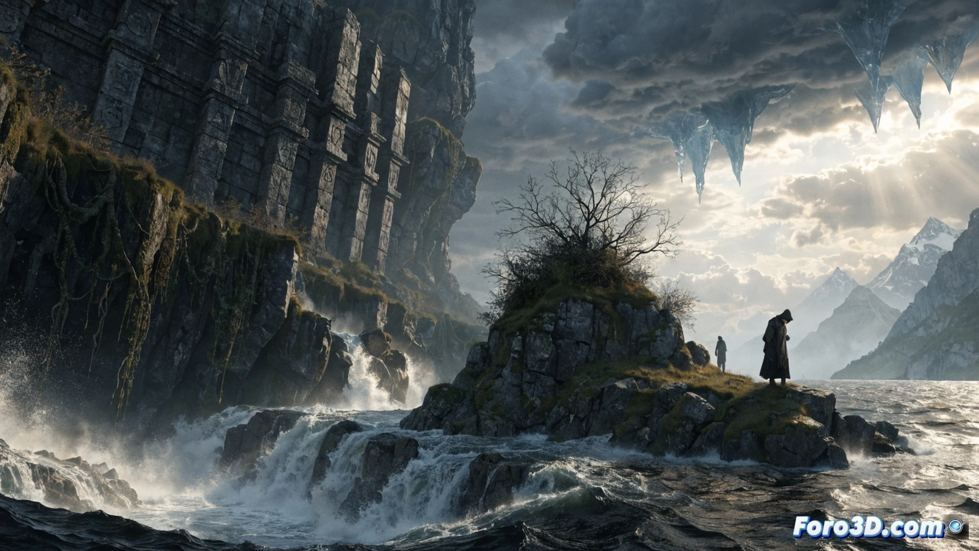 small wooden settlement at dusk in a fantasy forest, a single builder character placing a glowing blue crystal onto a stone foundation while a storm cloud swirls overhead with faint lightning, nearby workbench with scattered blueprints and a hammer, three tiny glowing beacons marking unfinished buildings, cinematic technical illustration, photorealistic fantasy lighting, volumetric fog, dark green and blue color palette, ultra-detailed wood grain and stone textures, dramatic shadows from the storm, sense of early construction and survival action