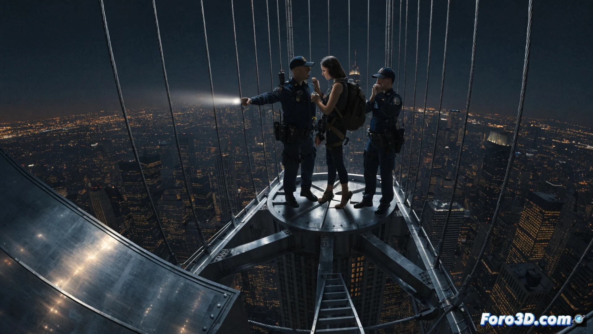 Dos escaladores aferrados a la aguja del Empire State Building, uno colocando un anillo en el dedo del otro mientras una ráfaga de viento sacude sus ropas, vista desde un dron en contrapicado, neblina urbana al amanecer, sin cuerdas ni arneses visibles, manos desnudas sobre metal oxidado, luces rojas de advertencia titilando en la antena, sirenas policiales reflejadas en ventanas distantes, estilo cinematográfico fotorrealista, alto contraste, textura de acero y hormigón, cielo nublado dramático, sensación de vértigo y riesgo extremo.