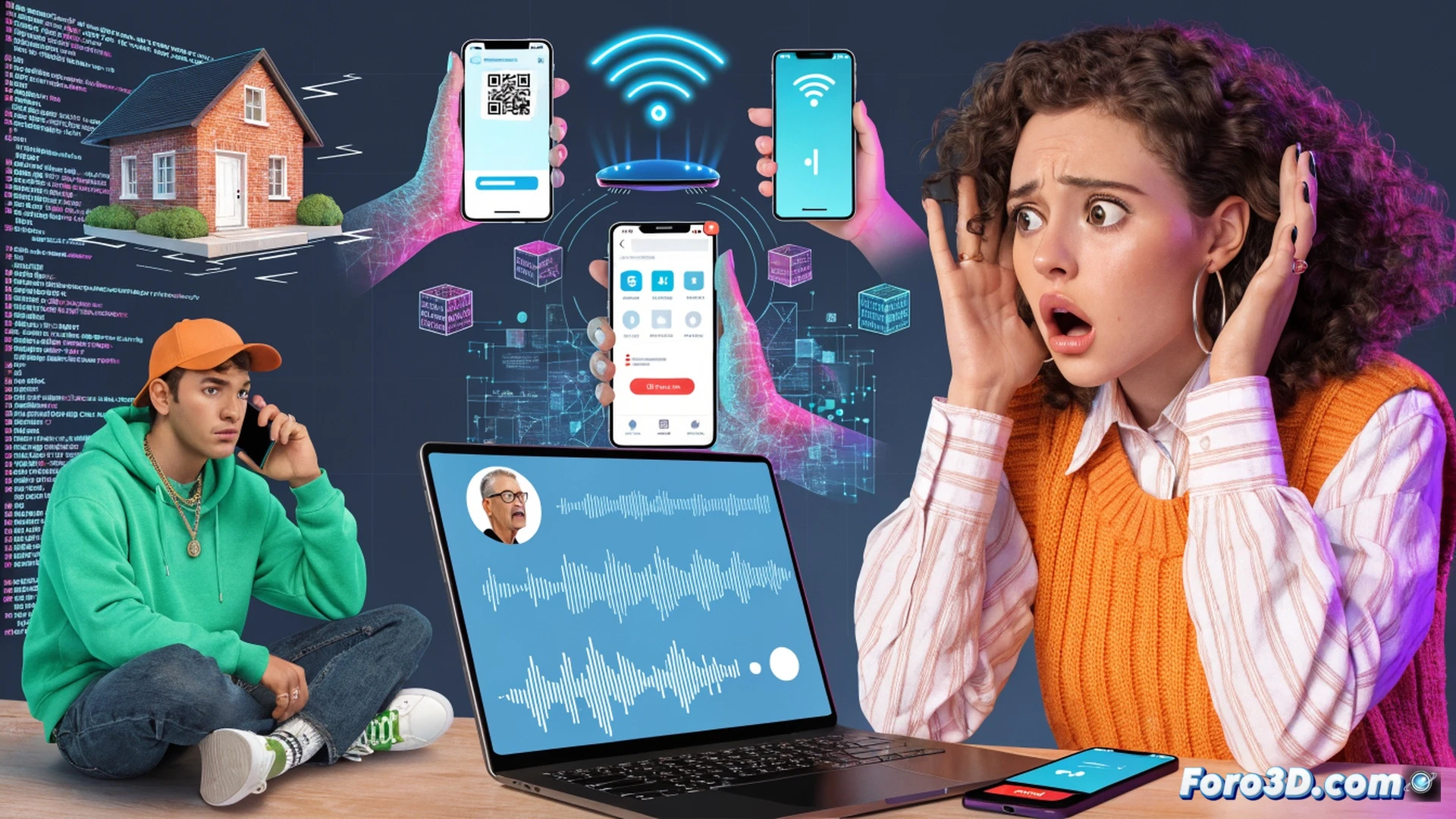 Photorealistic digital fraud scene, young person using smartphone on beach lounger while translucent holographic deepfake voice call emanates from device, fake vacation rental website visible on tablet with glowing ghost house icon, open coffee shop WiFi network symbol hovering nearby with red warning lines, malware app icon for fake park service floating in foreground, clonned voice waveform visualized as rippling red audio waves, cinematic lighting with tropical sunset background, ultra-detailed phone screen showing payment outside official platform, technical illustration style with cybersecurity threat indicators, dramatic contrast between relaxed vacation setting and visible digital traps.
