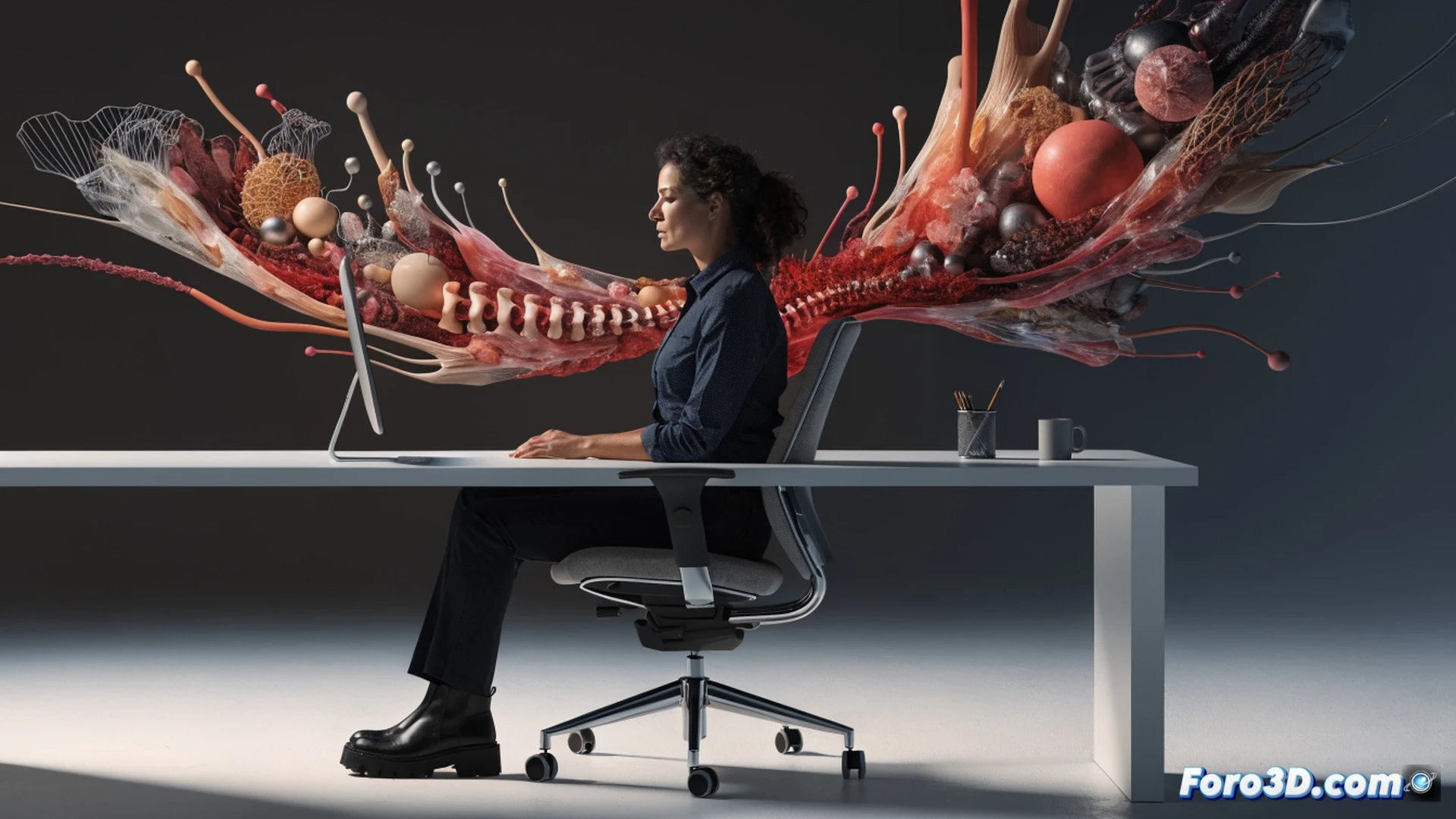 Ergonomic office scene showing a seated worker abruptly standing up from an adjustable desk chair, mid-motion pushing back from a cluttered desk with laptop and ergonomic keyboard, spine elongation visible as the person stretches arms overhead while activating core muscles, desk timer on monitor displaying a movement reminder, technical illustration style, photorealistic human anatomy with highlighted lumbar spine and gluteal muscles in subtle cross-section, natural daylight from window, clean modern office environment, dynamic posture transition captured mid-action, dramatic shadow contrast emphasizing movement, ultra-detailed fabric texture on chair, cinematic health visualization