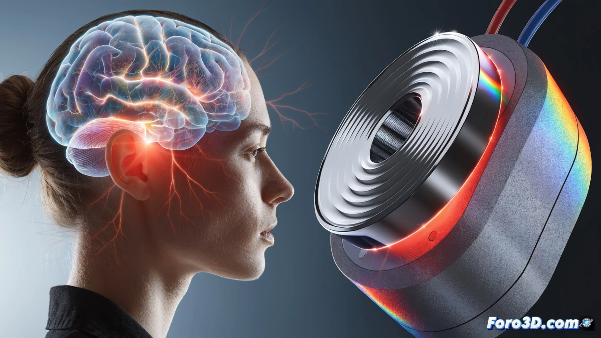 Photorealistic technical visualization of a portable transcranial magnetic stimulation device in a home setting, a woman sitting on a sofa holding the device against her head during a migraine episode, device emitting a visible blue magnetic pulse arc across the scalp surface, glowing neural pathways in the brain cortex shown as translucent overlay, device housing with LED indicators and textured grip, hand positioning demonstrating correct application against occipital region, soft warm ambient living room lighting contrasting with cool blue magnetic energy, ultra-detailed plastic casing and electronic components visible through semi-transparent shell, cinematic depth of field, engineering visualization style, realistic skin texture and hair strands