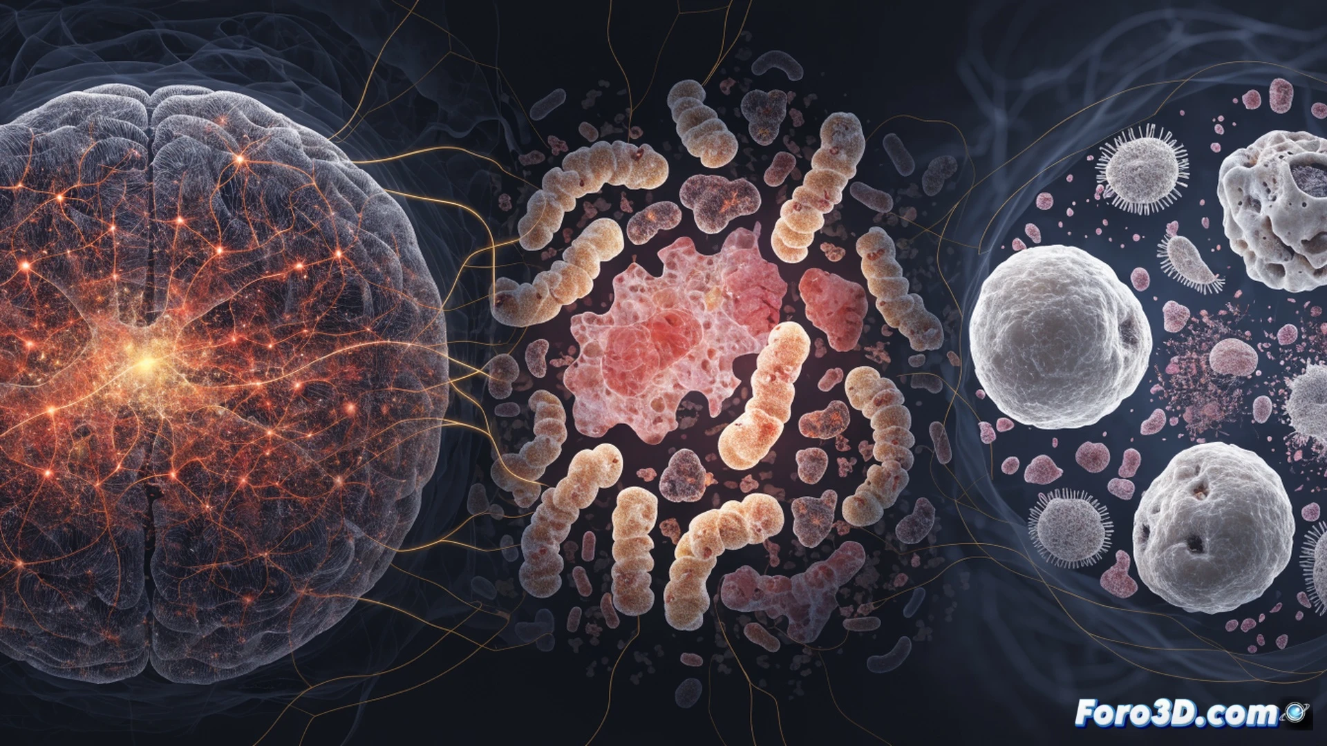 Microscopic view of mouse intestinal lining during chronic stress, beneficial bacteria clusters shrinking and breaking apart while immune cells show visible aging markers like shortened telomeres, stress hormones depicted as dark particles attacking gut microbiota, technical biological illustration style, cellular-level detail, fluorescent green and red labeling for bacteria versus immune cells, dramatic gradient lighting from healthy blue to stressed amber, photorealistic biomedical render showing bacterial depletion process