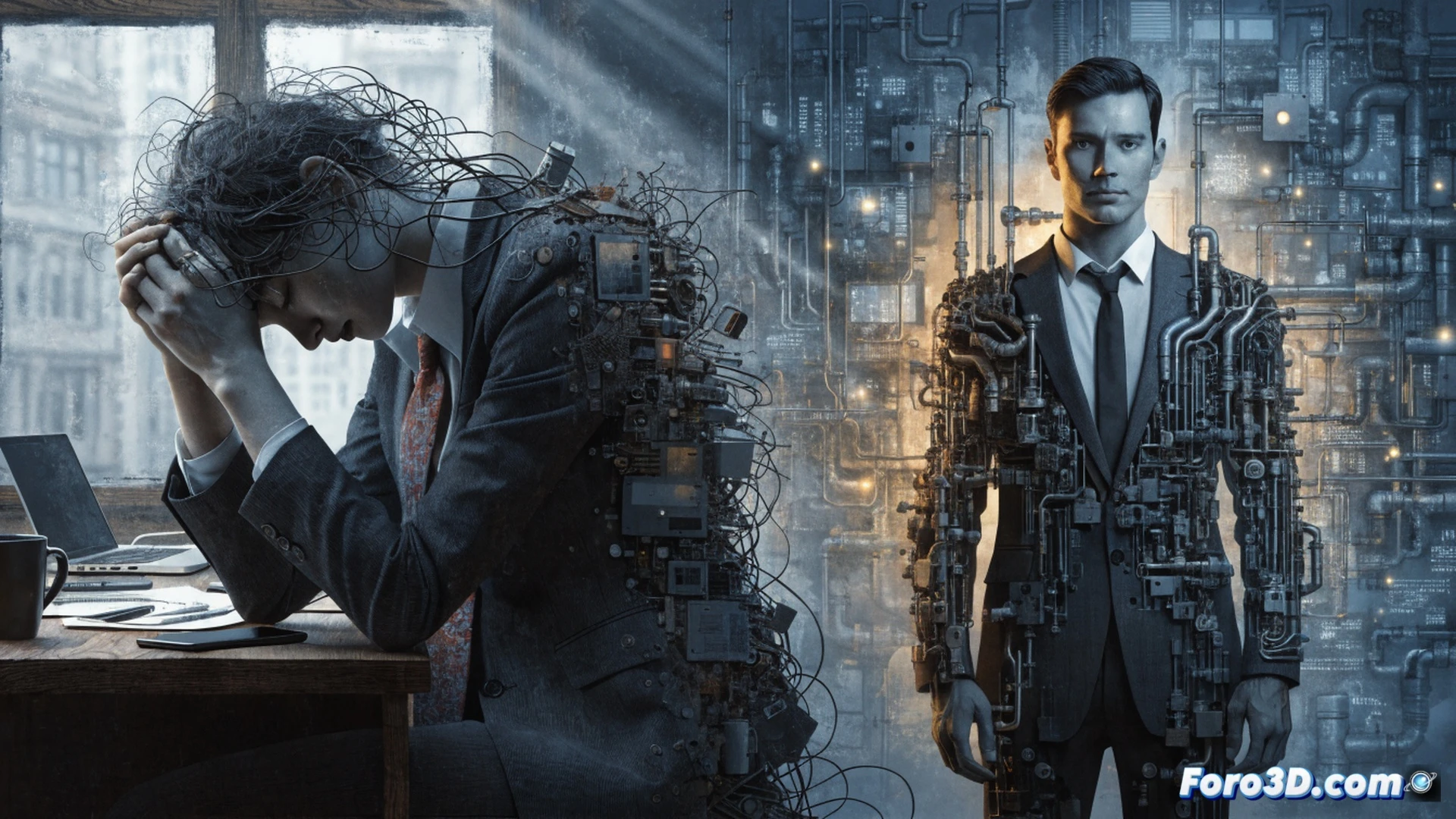 Photorealistic cinematic scene of a modern office worker collapsed at a cluttered desk, surrounded by glowing screens showing endless Slack messages and calendar alerts, while a transparent digital chain connects their wrists to a massive corporate clock mechanism in the background, gears grinding and smoking under pressure, meditation app icon glowing uselessly on a smartphone beside a spilled coffee, stark overhead lighting casting harsh shadows, hyper-detailed office clutter, dust particles floating in beams of light, oppressive atmosphere, technical illustration style with engineering precision, dramatic contrast, ultra-realistic textures