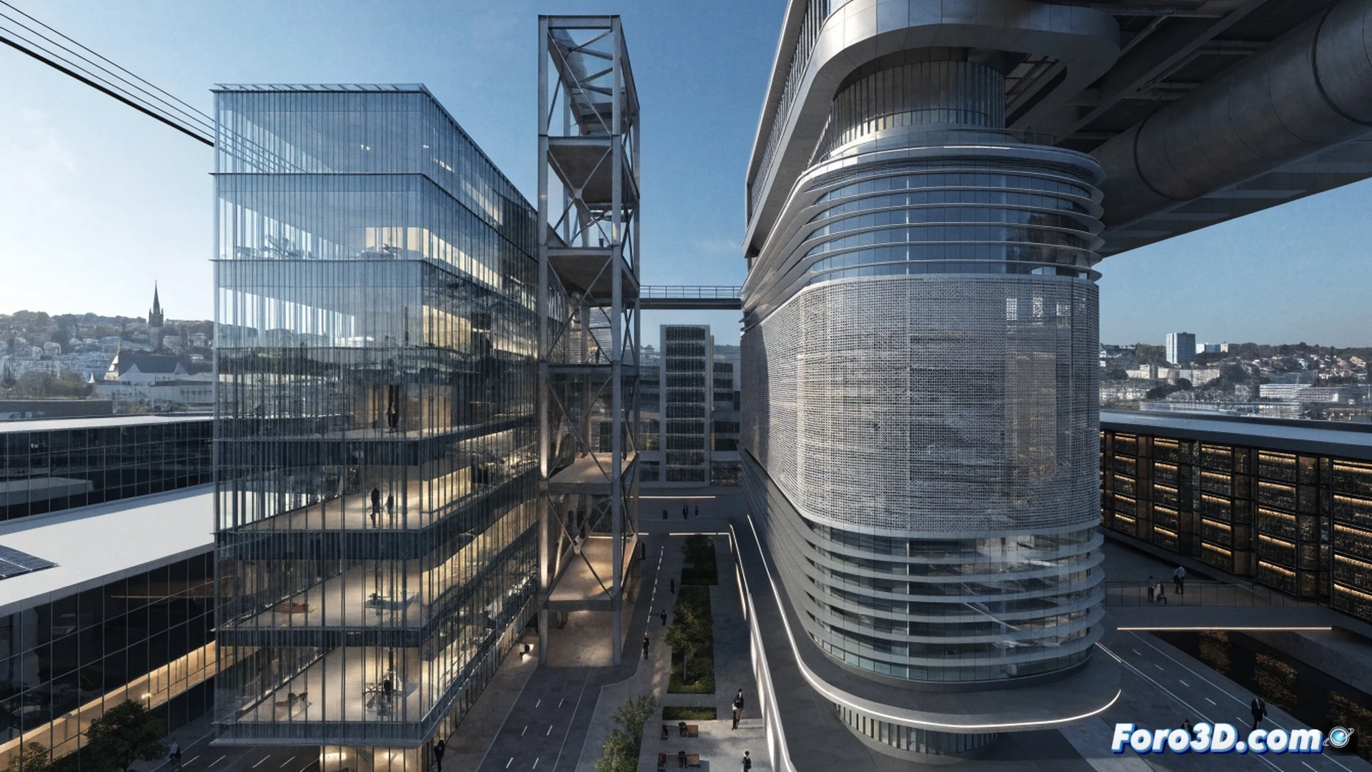 modern architectural visualization of ETH Zurich new campus in Heilbronn, researchers collaborating around holographic AI interface displaying neural network pathways, floating data streams showing cybersecurity threat maps, glass building facade reflecting digital code patterns, robotic arm assembling server racks in background, glowing blue fiber optic cables connecting workstations, technical illustration style, clean geometric lines, cool blue and white lighting, photorealistic engineering render, sharp focus on human-machine interaction, dramatic shadows from overhead structural beams