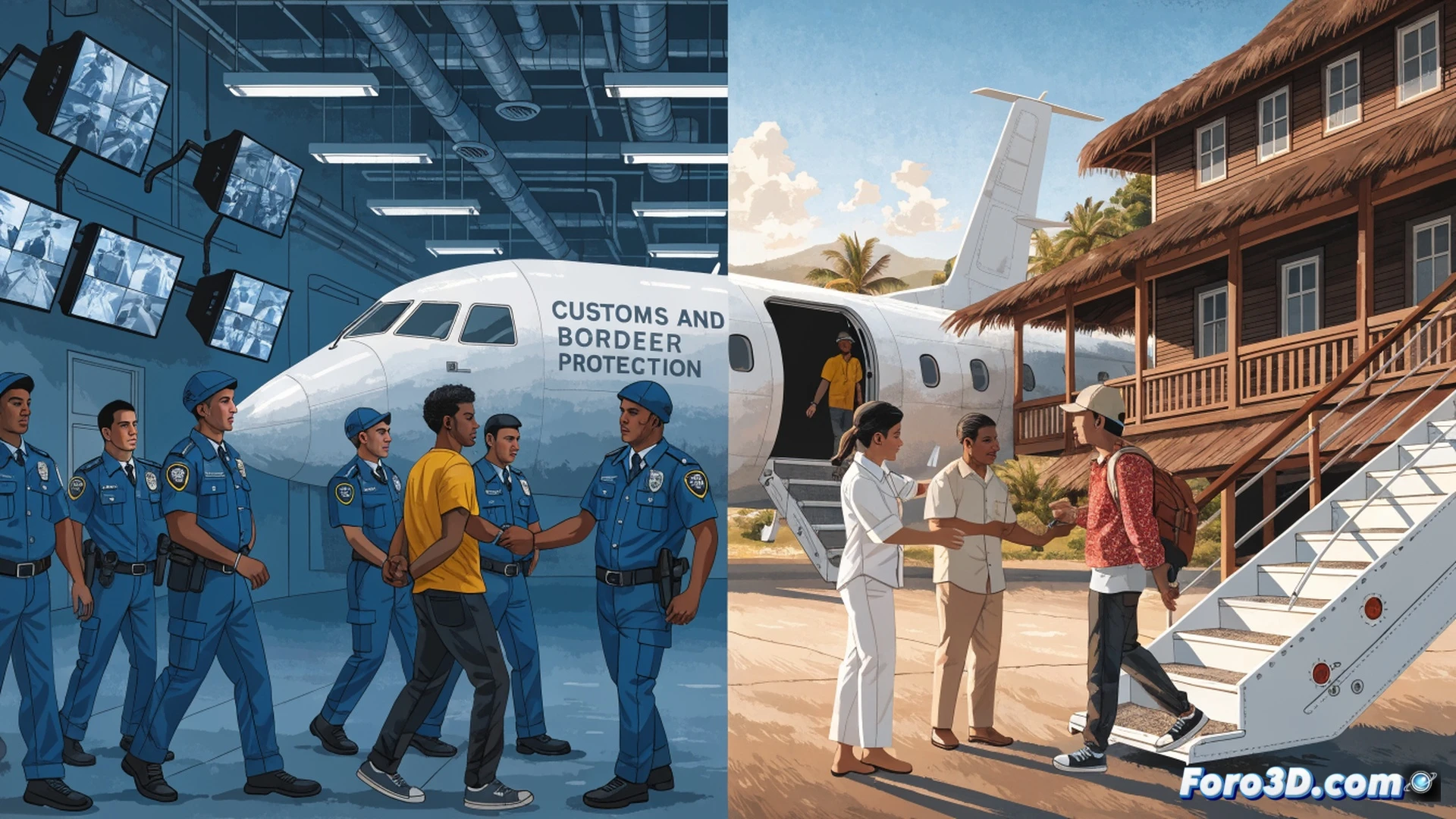 Isolated tropical island detention facility at dawn, a solitary male figure in grey clothing walking away from a small military aircraft on a remote airstrip, Palauan officials in uniforms observing from a distance, Pacific Ocean waves crashing against coral reef in background, technical illustration style, cinematic wide-angle shot, overcast sky with dramatic clouds, worn concrete runway with faded markings, rusted metal shipping containers stacked near the facility, security fence with razor wire visible behind the aircraft, photorealistic architectural visualization, cool blue-grey color palette, high-contrast shadows emphasizing isolation, static scene with implied departure action