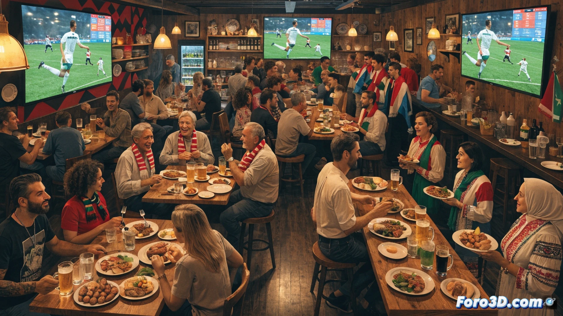 balkan grill kitchen interior during world cup match, sizzling cevapi sausages on a hot metal grill, smoke rising as a chef flips them with a long fork, wooden countertop with open spice jars showing paprika and garlic, traditional bosnian coffee pot on a stove, customers in the background watching a football match on a small wall-mounted tv, hands reaching for a plate of fresh lepinja flatbread, warm amber lighting, photorealistic cinematic style, deep shadows, glossy meat textures, steam and smoke mixing in the air
