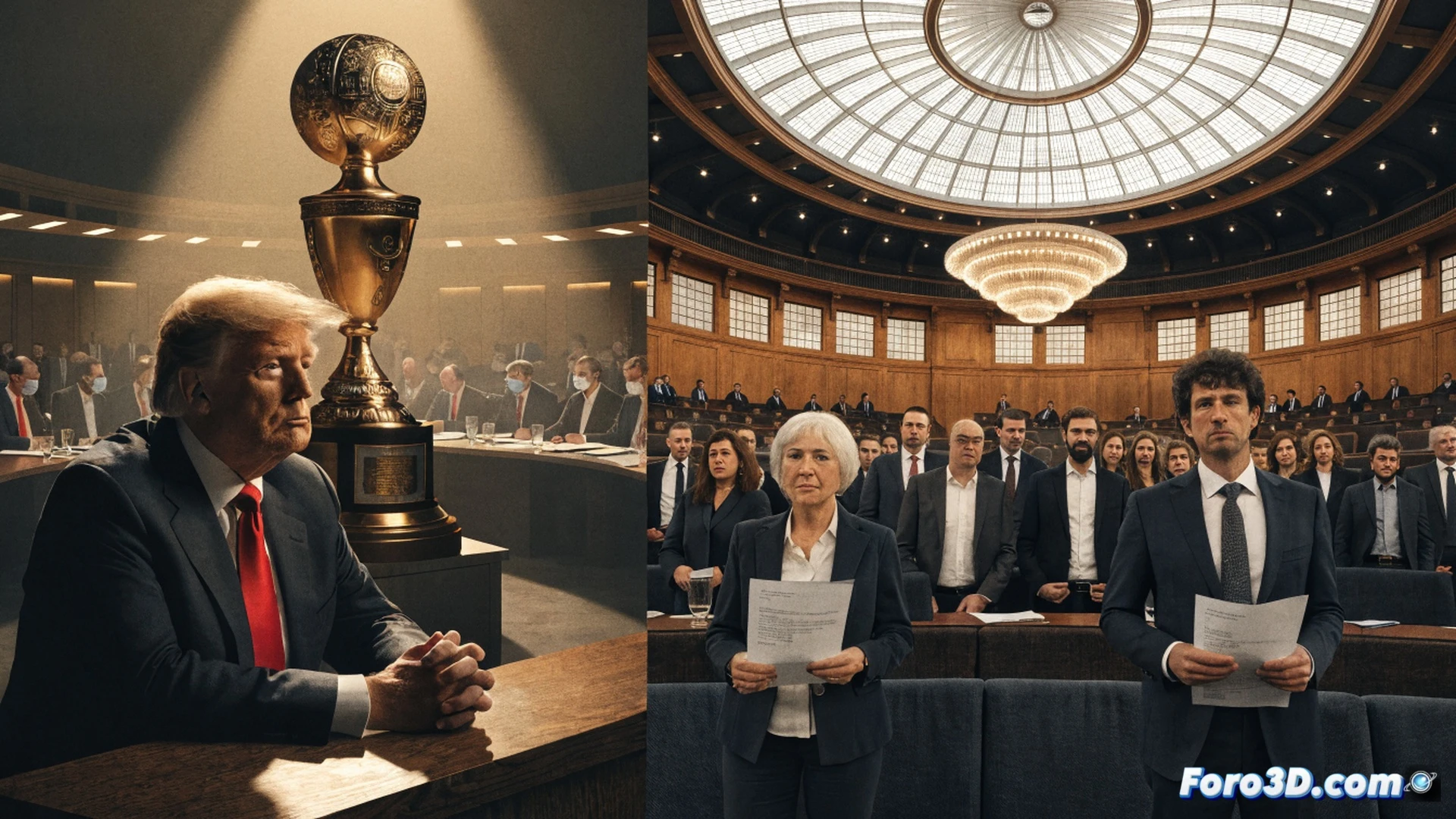FIFA ethics committee meeting room, fifty small envelopes with EU parliament seals being handed over by suited eurodeputies to a FIFA official holding a golden peace trophy, Gianni Infantino’s portrait on wall partially shadowed, Donald Trump’s name engraved on trophy base being examined under magnifying glass, investigative spotlight illuminating the scene, technical documentation scattered on mahogany table, cinematic photorealistic render, dramatic chiaroscuro lighting, forensic scrutiny atmosphere, ultra-detailed textures of paper grain and metal reflections, wide-angle lens perspective showing tension between political and sports authorities