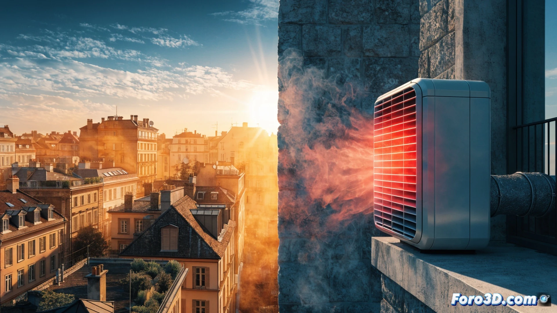 cinematic wide shot of a european city rooftop during a heatwave, multiple air conditioning units blasting hot air into the atmosphere while a technician installs a new split system, contrasting with an adjacent building featuring green roof vegetation and thermal insulation panels, condensation dripping from copper refrigerant lines, fossil fuel power plant smokestacks visible on the horizon, photorealistic architectural visualization, golden hour sunlight casting long shadows, hyper-detailed mechanical components, dramatic environmental contrast, technical illustration style