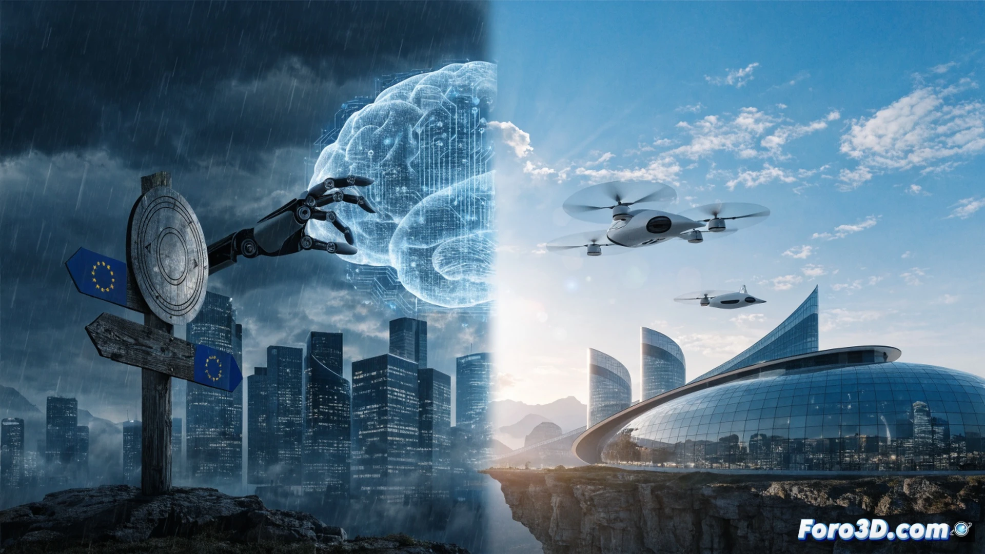 A glowing European map with a red stop sign hovering over 11 percent of AI launch icons, a robotic hand reaching for a cloud server blocked by a translucent GDPR shield, Meta and Google logos dimmed behind a barbed wire data fence, a rocket labeled US accelerating past a stalled EU rocket, cinematic photorealistic technical illustration, dramatic blue and red lighting, data streams flowing into a locked vault, holographic legal documents swirling around a neural network, ultra-detailed digital hardware, high-tech control room atmosphere