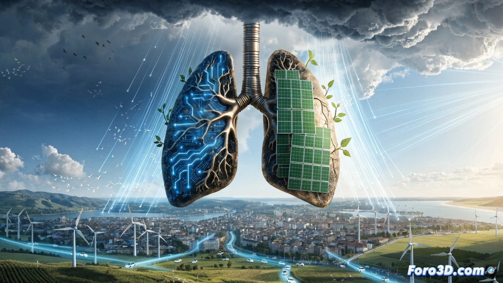 photorealistic aerial view of a european city skyline at dawn, clean air with visible wind turbines and solar panels on rooftops, electric cars on a bridge below, a large factory in the background emitting faint white steam instead of dark smoke, a digital overlay showing descending graphs for sulfur and nitrogen oxides, while a glowing green line charts renewable energy rising above fifty percent, cinematic lighting with soft golden sunrise, ultra-detailed urban textures, technical illustration style with clear atmospheric improvement