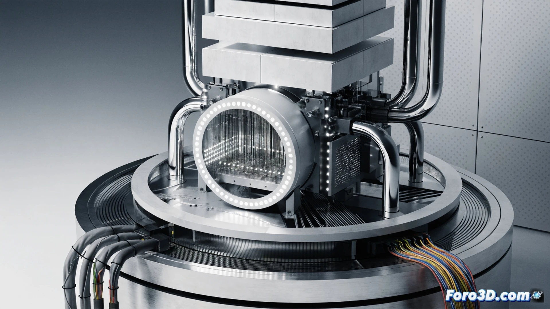 Euskadi IBM Quantum System Two abierto a empresas, ingenieros ajustando cables de enfriamiento criogénico alrededor del ordenador cuántico dorado, pantallas holográficas mostrando qubits en superposición y entrelazamiento cuántico, técnicos señalando diagramas de circuitos cuánticos, proceso de calibración en marcha, laboratorio futurista con luces azules y metálicas, cables de fibra óptica y paneles de control, estilo cinematográfico photorealistic, iluminación dramática industrial, reflejos en superficies pulidas, profundidad de campo, atmósfera de innovación tecnológica, ultra-detallado