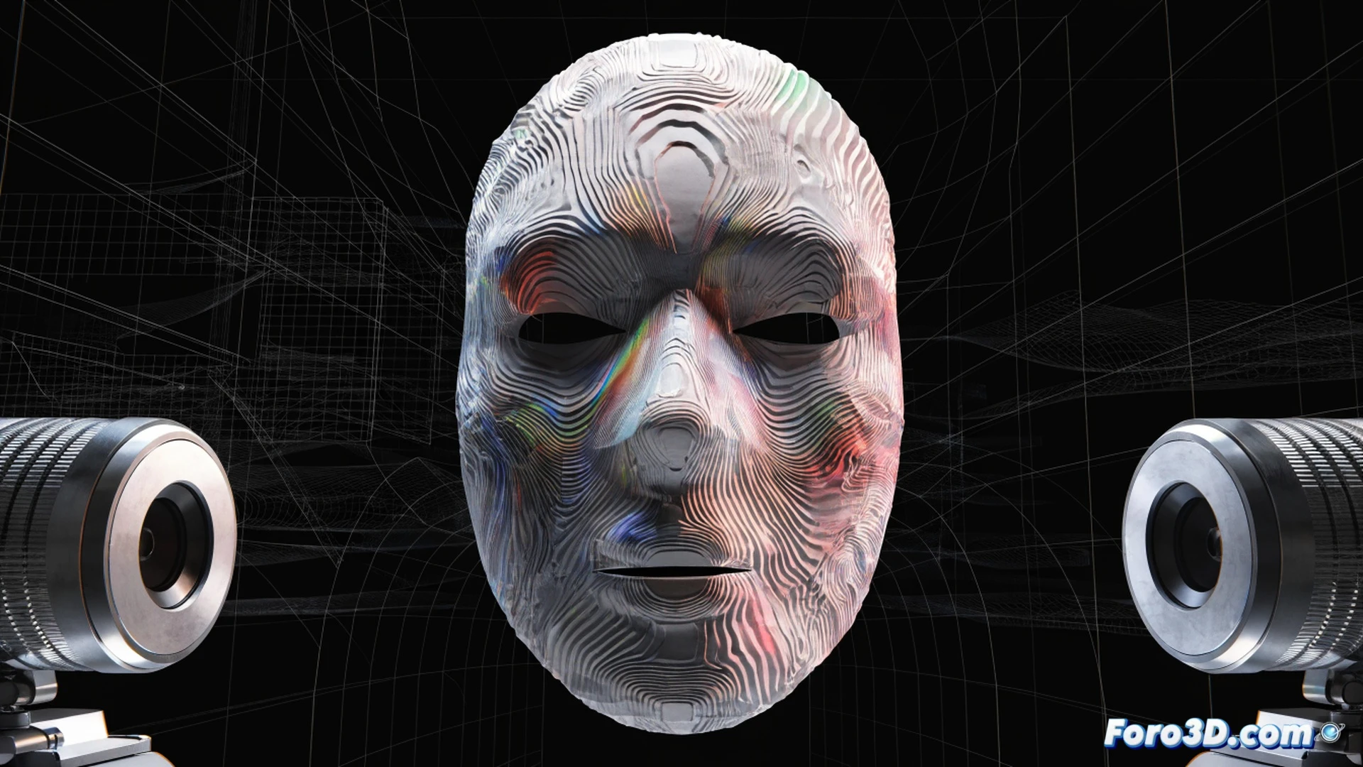 3D concave mask evasion attack on facial recognition, depth map sensor scanning an inverted mask surface, MeshMixer wireframe mesh editing interface visible on monitor, Blender software showing mask refinement process, security camera with infrared depth projector, mask appearing as valid face to sensor while actual face is hidden, cinematic technical illustration style, dark blue and neon green lighting, holographic depth grid lines intersecting the mask, semi-transparent wireframe overlay, photorealistic engineering visualization, dramatic shadows, high contrast industrial setting