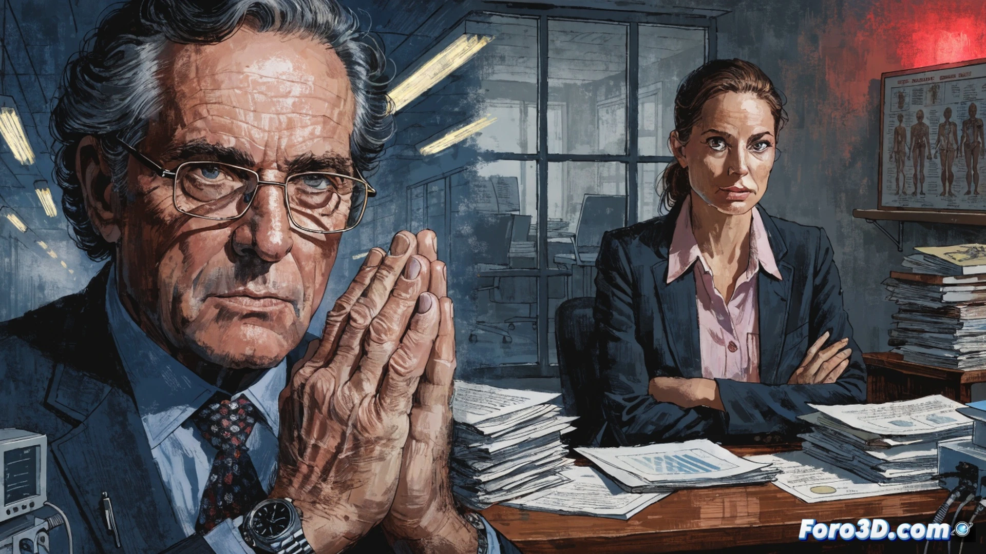 forensic audit team examining hospital contract documents, a magnifying glass highlighting signature lines on a budget adjustment form, digital tablet showing a graph with a rising red financial discrepancy line, scattered official stamps and a hospital blueprint in background, intense office lighting casting long shadows, cinematic photorealistic style, dust particles visible in light beams, hands pointing at conflicting clauses, financial calculator with worn buttons, technical illustration of legal investigation process