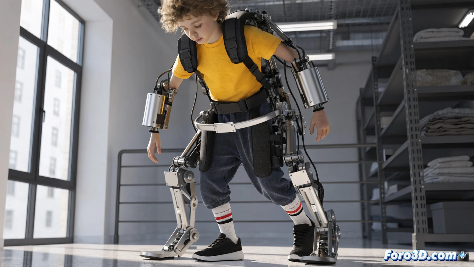 Pediatric exoskeleton in use, a child with cerebral palsy standing and walking with robotic leg braces, physical therapist adjusting the hip joint mechanism while monitoring a tablet showing real-time gait data, hospital rehabilitation room with parallel bars and soft lighting, child smiling with improved posture and confidence, engineering visualization style, metallic and carbon fiber exoskeleton components highlighted, motion capture sensors on the child's limbs, therapeutic action during a walking session, photorealistic technical illustration, warm clinical environment, medical robotics in motion