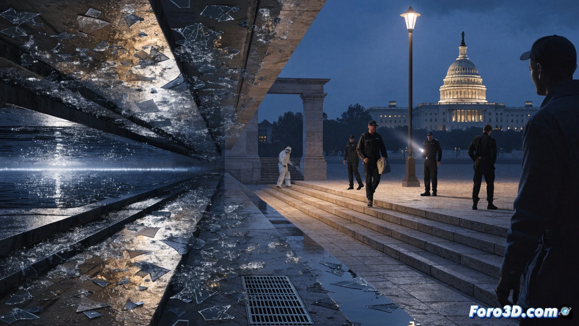 Exolímpico de canotaje arrojando un remo roto contra el borde de mármol del Reflecting Pool, astillas de fibra de carbono volando mientras el agua salpica sobre paneles solares subacuáticos, sensores de monitoreo ambiental destrozados flotando entre ondas, cables de alimentación expuestos cerca de un sistema de filtración dañado, cámara de seguridad en poste metálico enfocando la escena, fotorealismo cinematográfico, iluminación nocturna con reflectores federales, textura de granito pulido reflejando destellos de luz, alta definición técnica, ángulo bajo dramático.