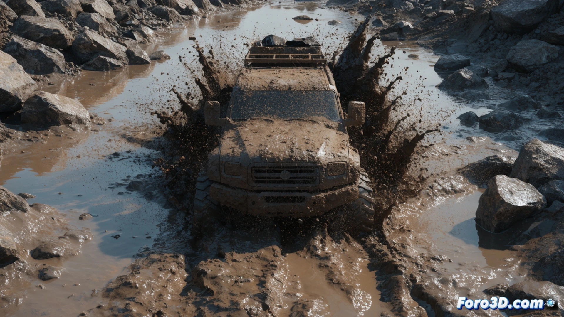 side-view of a heavy off-road truck axle deep in thick mud, tires spinning and throwing wet soil, dynamic terrain deformation visible with deep ruts and water pooling, mud texture map updating in real time, rocks shifting under the wheels, suspension articulating under load, cinematic engineering visualization, photorealistic muddy environment, dramatic overcast lighting, high detail on tire treads and chassis components, realistic mud splatter on metal surfaces, slow-motion action capturing fluid and soil interaction