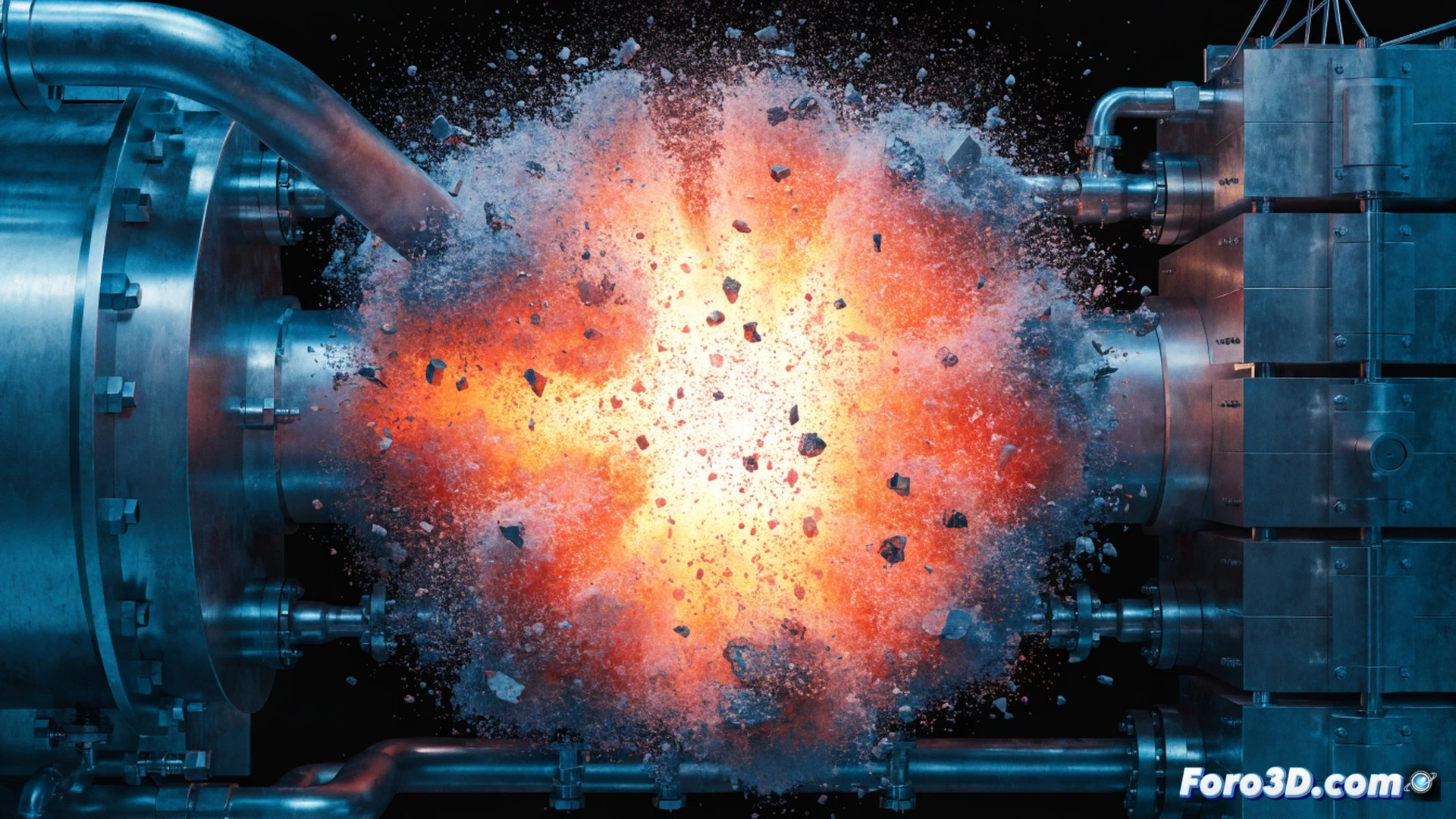 Explosion de una celda de cloro industrial, membrana de electrolisis rompiendose por sobrepresion interna de hidrogeno, nube de puntos 3D de FARO Scene flotando alrededor de la celda destrozada, simulacion de COMSOL Multiphysics mostrando ondas de presion y tension en los materiales, fragmentos metalicos volando, tuberias de cloro y electrodos deformados, iluminacion dramatica de fabrica con destellos anaranjados, estilo cinematografico fotorrealista, visualizacion tecnica de ingenieria forense