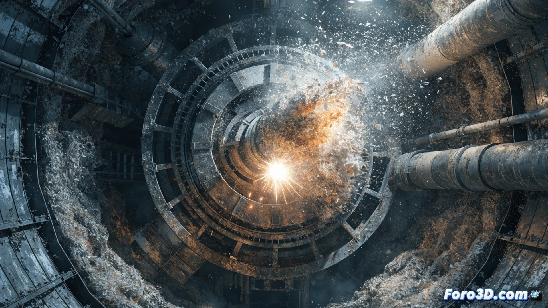 Explosion en planta de reciclaje, silo metalico de plastico molido deformado por presion interna, esclusa rotativa con engranajes dentados generando una chispa brillante por friccion mecanica, polvo fino de plastico suspendido en el aire formando nube combustible alrededor del rotor, onda expansiva visible con distorsion del aire y fragmentos volando, tuberias y sensores industriales rotos, modelo 3D de FLACS mostrando zonas de sobrepresion en colores rojo y naranja sobre la escena, herramientas de escaneo FARO Scene con triangulacion laser en primer plano, estilo cinematico de ingenieria forense, iluminacion dramatica con destellos anaranjados, texturas metalicas y polimicas ultrarealistas, render fotorrealista de alta definicion.