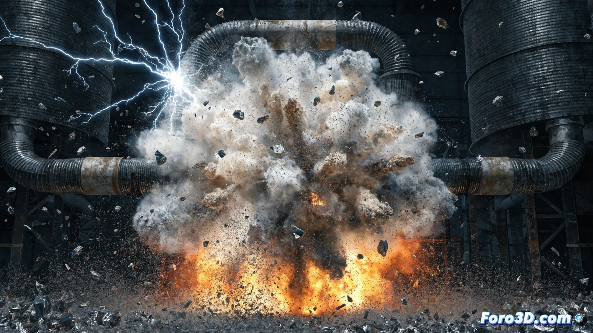 Explosion de polvo en silo industrial, harina de pescado ignitada por chispa estatica durante soplado neumatico, onda de presion expandiendose desde el silo mientras llamas anaranjadas emergen, restos metalicos retorcidos visibles, escaner laser 3D FARO Scene sobre tripode en primer plano, simulacion FLACS mostrando propagacion de llama en corte transversal del silo, estilo cinematic photorealistic engineering visualization, iluminacion dramatica, humo denso, particulas suspendidas, texturas metalicas oxidadas