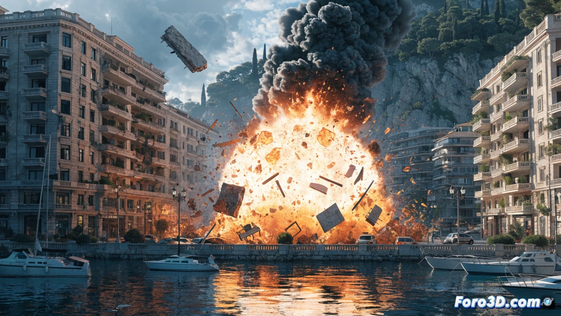 Explosion aftermath in front of a luxury Monaco residential building, shattered glass scattered across marble pavement, a damaged bicycle lying near the blast site, smoke rising from a blackened facade, security cameras angled toward the scene, a briefcase with financial documents partially burned, police tape cordoning the area, forensic investigators in white suits examining debris, cinematic photorealistic rendering, dramatic evening lighting with street lamps and blue emergency lights reflecting on wet cobblestones, ultra-detailed architectural details, tense atmosphere.