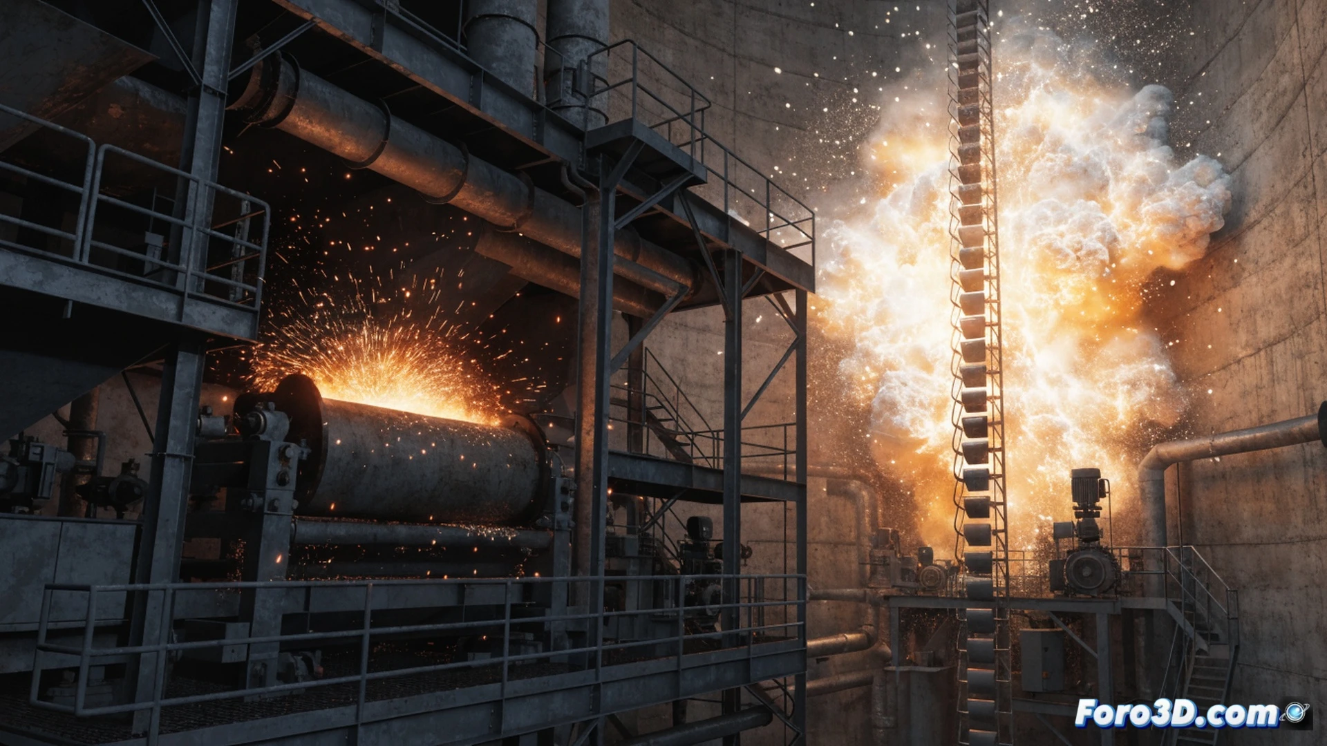 industrial silo explosion aftermath, 3D pipeline reconstruction showing FARO laser scan point cloud data transitioning into FLACS simulation, overheated bearing in bucket elevator glowing red as initial ignition source, starch dust cloud suspended mid-air forming explosive atmosphere, deflagration wave expanding outward in concentric pressure rings, engineering visualization style with semi-transparent geometry, wireframe overlay on photorealistic silo structure, dust particles highlighted in orange and yellow, dramatic cinematic lighting with smoke and debris, ultra-detailed mechanical components, technical illustration aesthetic