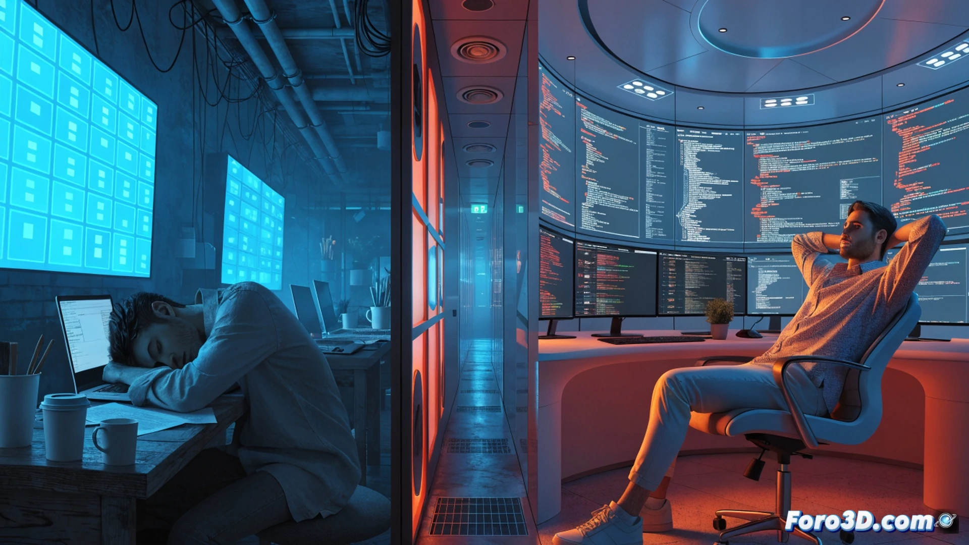 Photorealistic scene of a game developer slumped over a desk in a dimly lit studio, computer monitor displaying an unfinished 3D character model on complex software interface, coffee cups and energy drink cans scattered around, mouse and keyboard worn from overuse, clock on wall showing 2 AM, another developer in background stretching with exhaustion, subtle chains made of binary code wrapping around wrists, dramatic chiaroscuro lighting emphasizing fatigue, ultra-detailed textures on desk clutter and screen reflections, cinematic engineering visualization of workplace exploitation