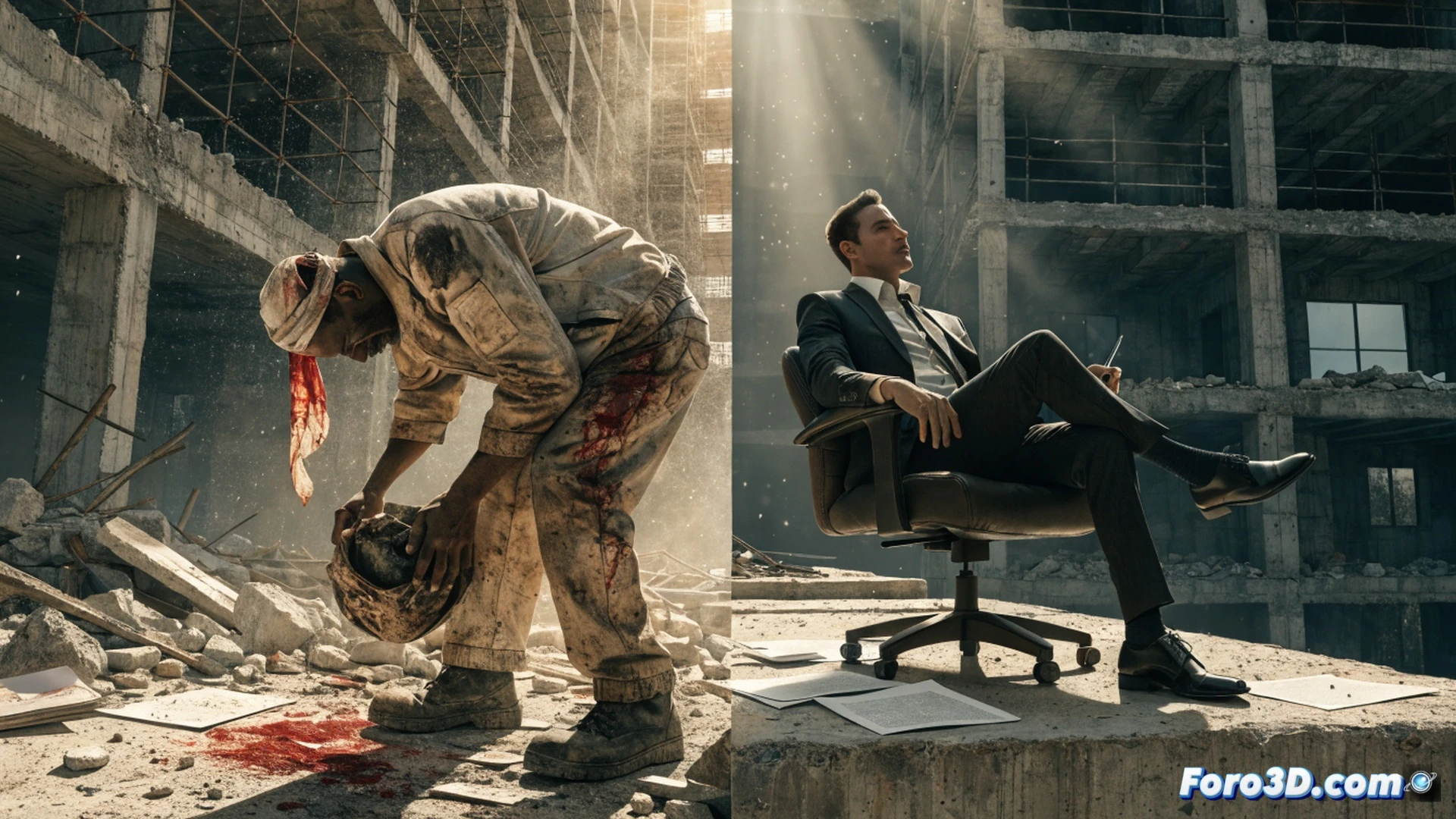 construction worker falling from scaffolding on an unfinished building site, safety harness unclipped and dangling unused, broken hard hat on the ground, foreman turning away while counting cash, cracked concrete floor below, exposed rebar and loose cables, rusted tools scattered, harsh midday sun casting long shadows, dust particles suspended in air, cinematic photorealistic style, dramatic wide-angle lens, high contrast lighting, gritty urban texture, motion blur on falling worker, hyper-detailed industrial environment
