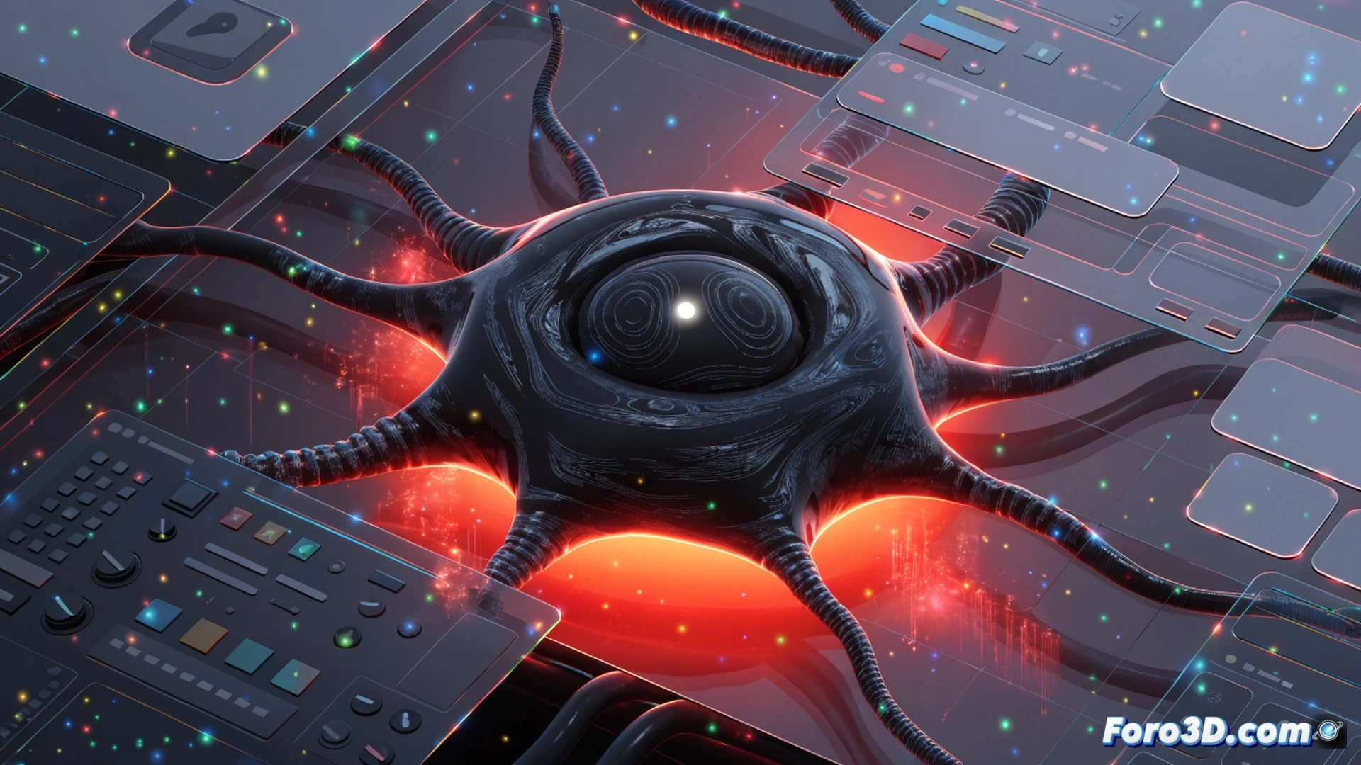 Chrome browser interface with malicious extension icon glowing red, search bar intercepting keystrokes in real time, invisible data streams flowing from address bar to a hidden server in the background, padlock and bank credentials icons being siphoned through a backdoor connection, cinematic cybersecurity visualization, dark mode UI with neon warning highlights, glowing red data packets traveling along fiber optic lines, photorealistic technical illustration, dramatic low-angle perspective showing the browser as a digital trap, ultra-detailed chrome elements and keyboard shadows