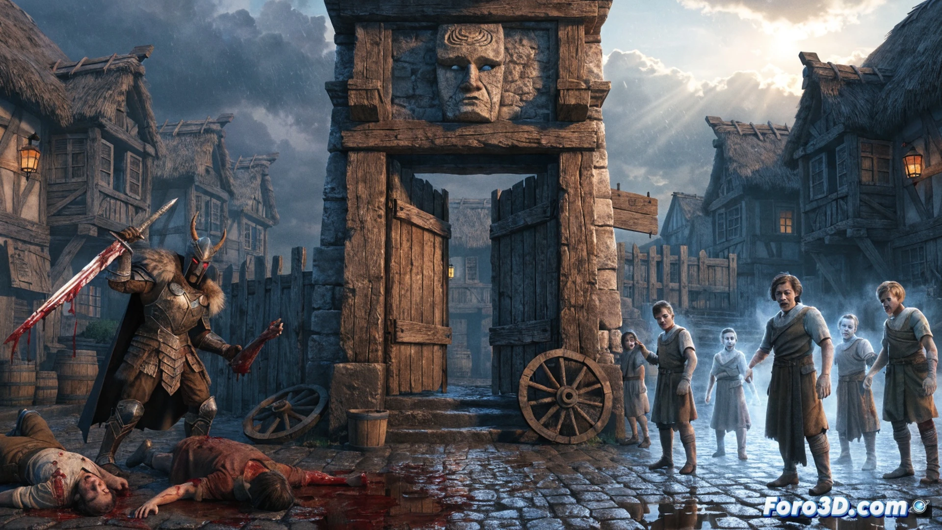 fantasy medieval village square during a chaotic moment, player character using a glowing magic staff to disintegrate a villager into golden particles, other villagers fleeing in terror, a respawn timer hologram floating above a respawning villager reappearing from shimmering light, technical game mechanic visualization showing NPC lifecycle process, Unreal Engine 5 photorealistic style, golden hour lighting, cobblestone streets with magical runes glowing, particle effects dissolving into rebirth sequence, cinematic action shot demonstrating temporary elimination mechanic, ultra-detailed character models, dramatic shadows and lens flare, high-fidelity fantasy RPG technical illustration