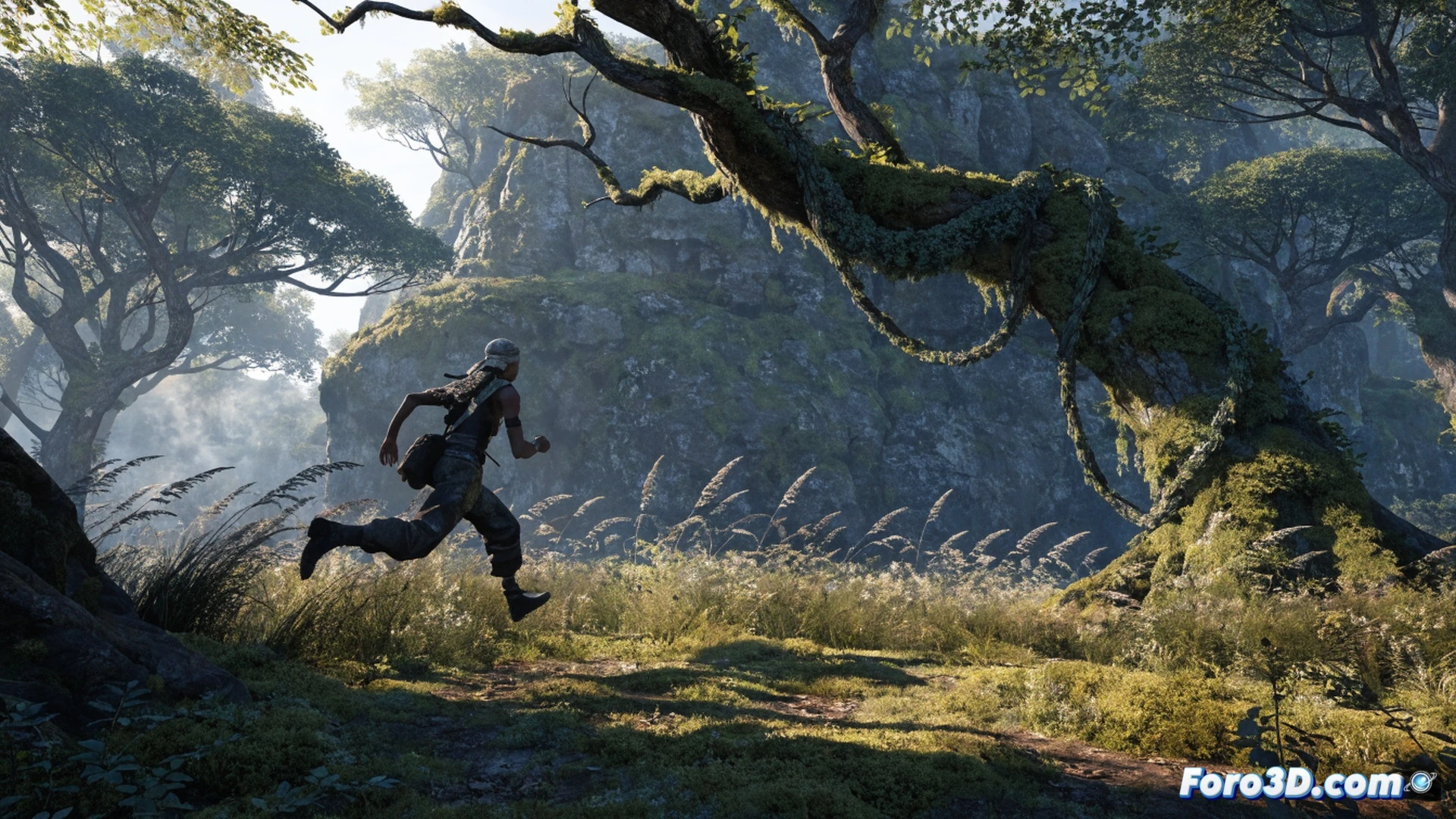 fantasy forest biome with extreme foliage density, wind physics bending grass and leaves around a character's footsteps, glowing SpeedTree polygon wireframes visible in the canopy, Substance Painter texture layers peeling back to reveal organic bark and moss, Forzatech engine modifications exposed as metallic blue nodes under the terrain, cinematic technical illustration, photorealistic fantasy RPG scene, sunlight shafts through dense leaves, dramatic contrast between living wood and digital engineering, ultra-detailed vegetation reacting to motion, atmospheric mist with particle trails