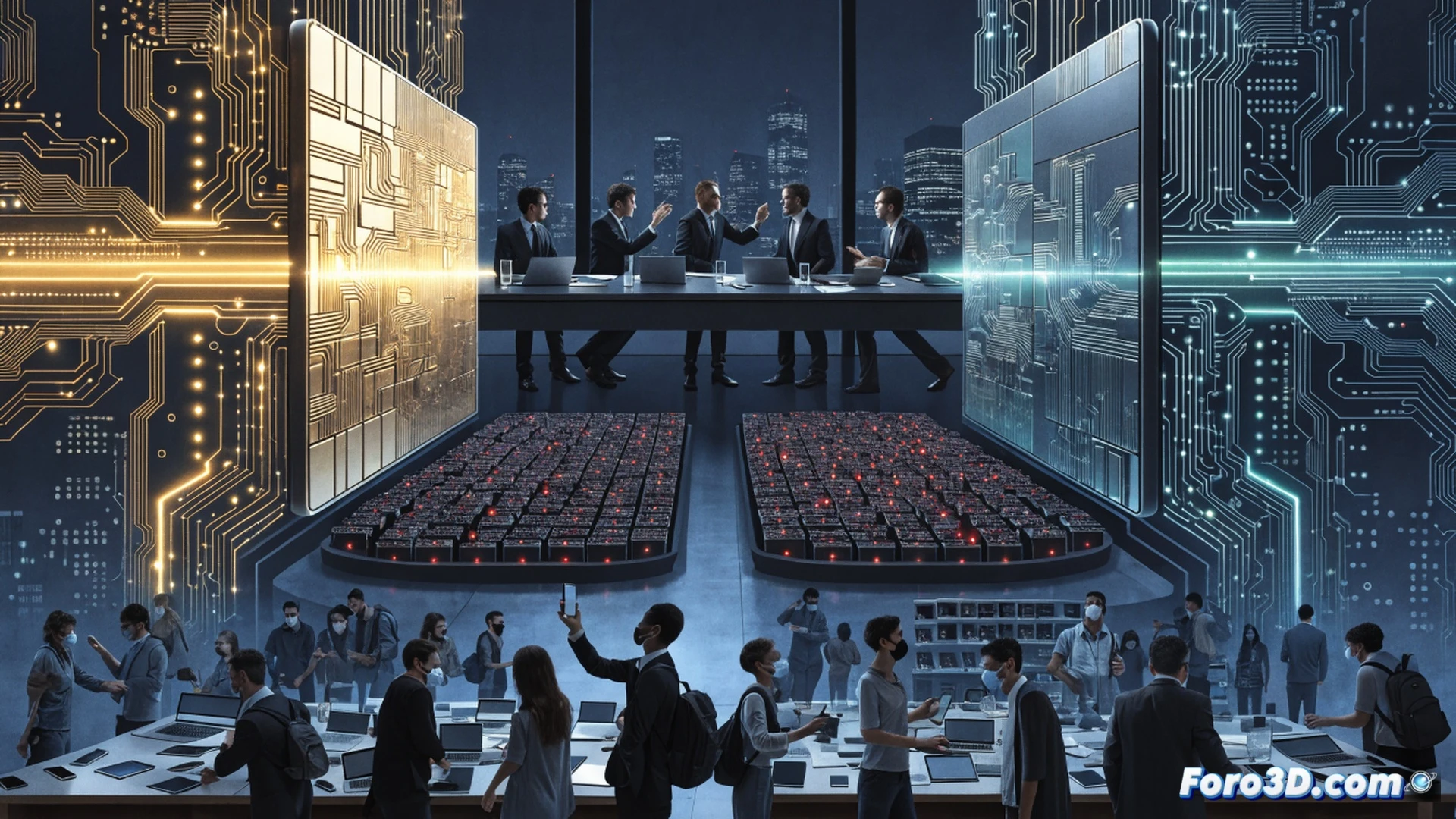 Photorealistic engineering visualization of a semiconductor fabrication cleanroom, robotic arms placing silicon wafers into lithography machines while a government official in a suit hands a stack of tax deduction forms to factory executives, workers in hazmat suits looking frustrated, glowing red price tags floating over consumer electronics stacked in the background, broken supply chain conveyor belt with missing chips, dramatic high-contrast lighting, ultra-detailed mechanical components, subtle smoke rising from overheating circuit boards, cinematic industrial scene