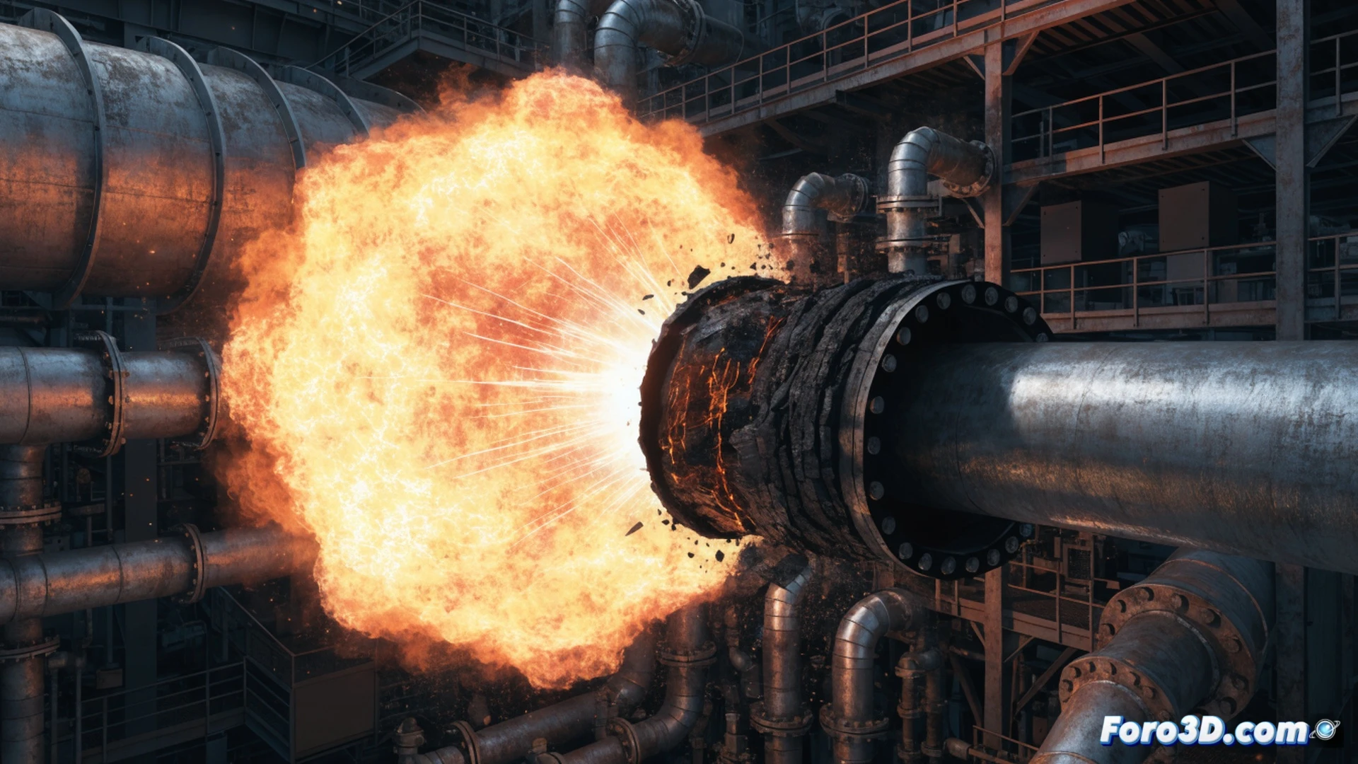 massive industrial fire at coal gasification plant, graphite gasket catastrophic failure under high pressure, escaping flammable gas igniting into a massive fireball, safety systems being overwhelmed, 3D simulation software interfaces like FARO Scene and FLACS showing failure dynamics and explosion spread, engineering visualization style, photorealistic technical illustration, dramatic orange flames and black smoke, metallic piping and reactor vessels, glowing heat distortion, debris scattering, ultra-detailed industrial equipment, cinematic lighting with dark stormy sky