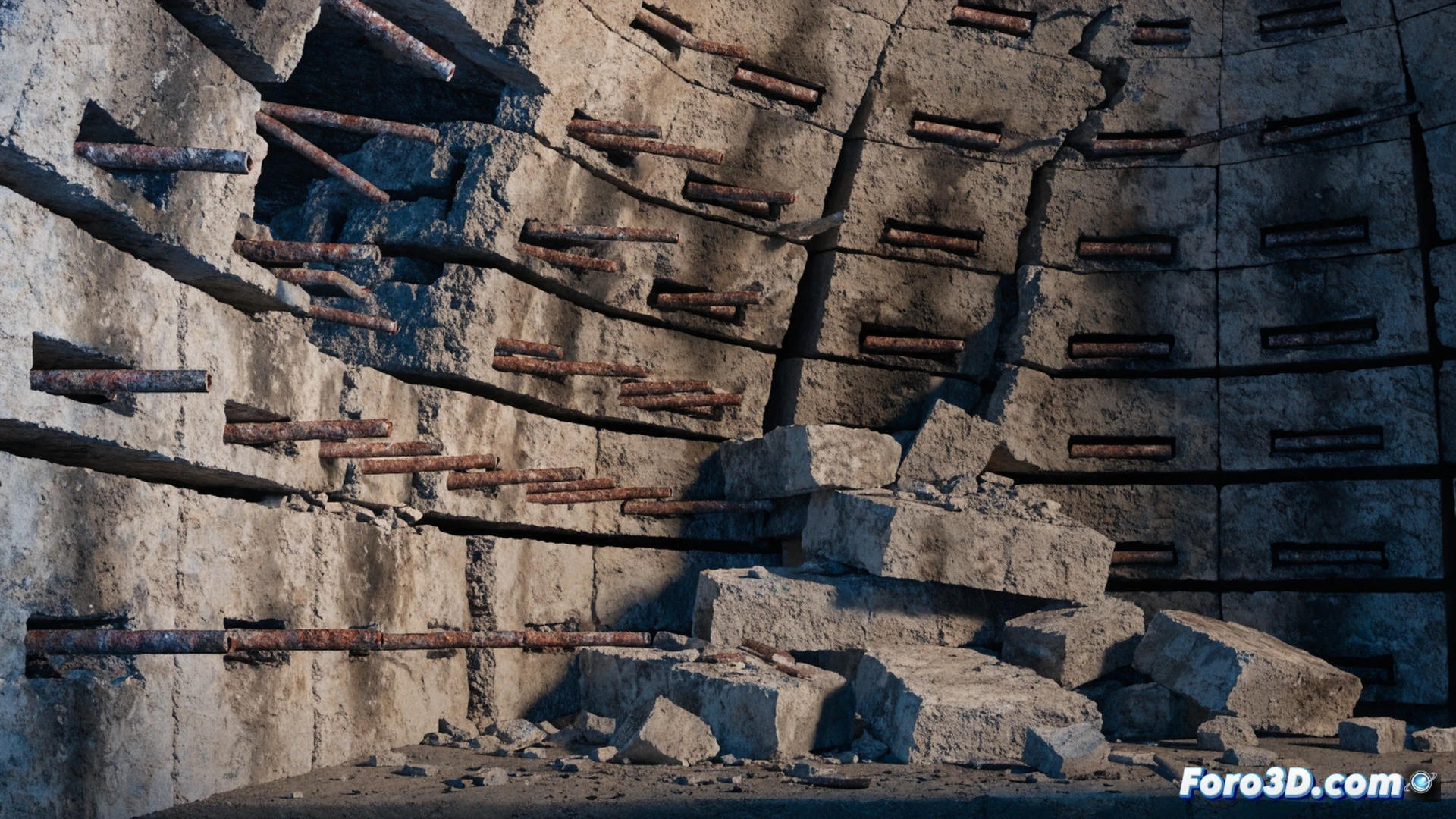 sección transversal de horno de recocido industrial, pasadores de acero deformándose por fluencia térmica mientras se oxidan rápidamente, bloques refractarios desprendiéndose y cayendo, grietas visibles en la estructura del horno, llamas y calor intenso en el fondo, herramientas de inspección abandonadas en primer plano, estilo cinematic engineering visualization, iluminación dramática naranja y roja, texturas metálicas corroídas, ultra-detallado, photorealistic technical render